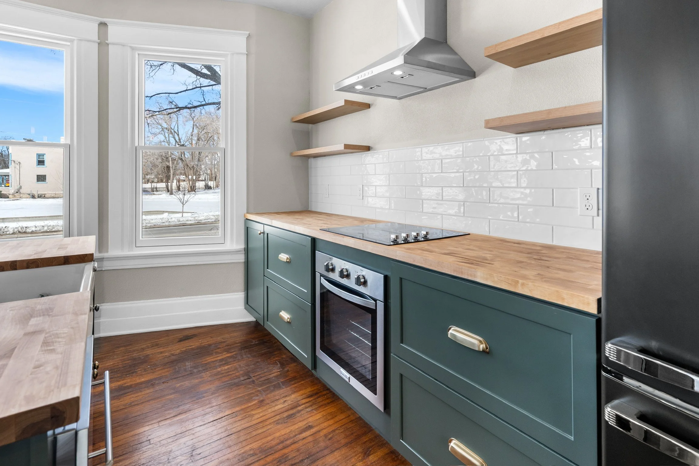 farm house sink butcher block historic cabinets
