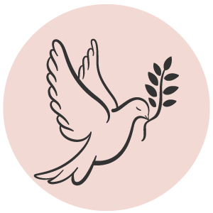 A line drawing of a dove holding an olive branch in its beak, with a pink circular background.