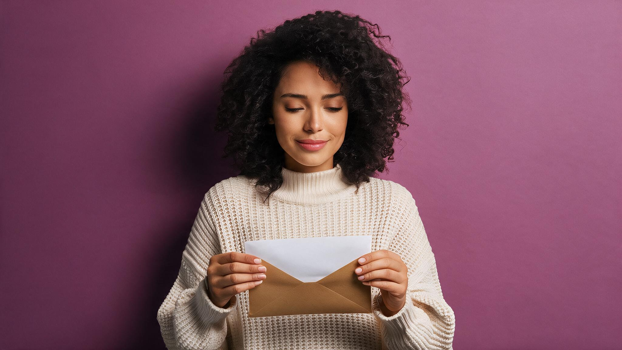 A woman with curly black hair and light skin is smiling while looking at an open envelope and a letter against a purple background. She is wearing a cream-colored, knitted sweater.