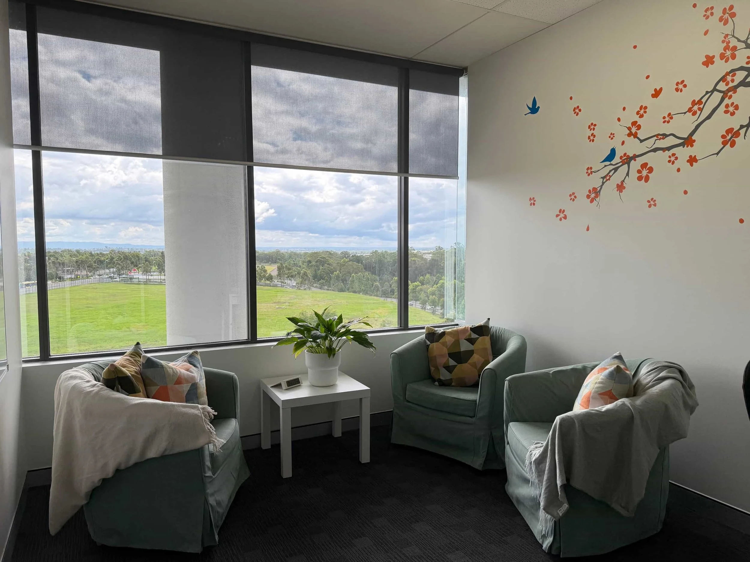 Cozy clinic room with three armchairs, a small table with plant and tissues, and a large window offering a view of Bella Vista park