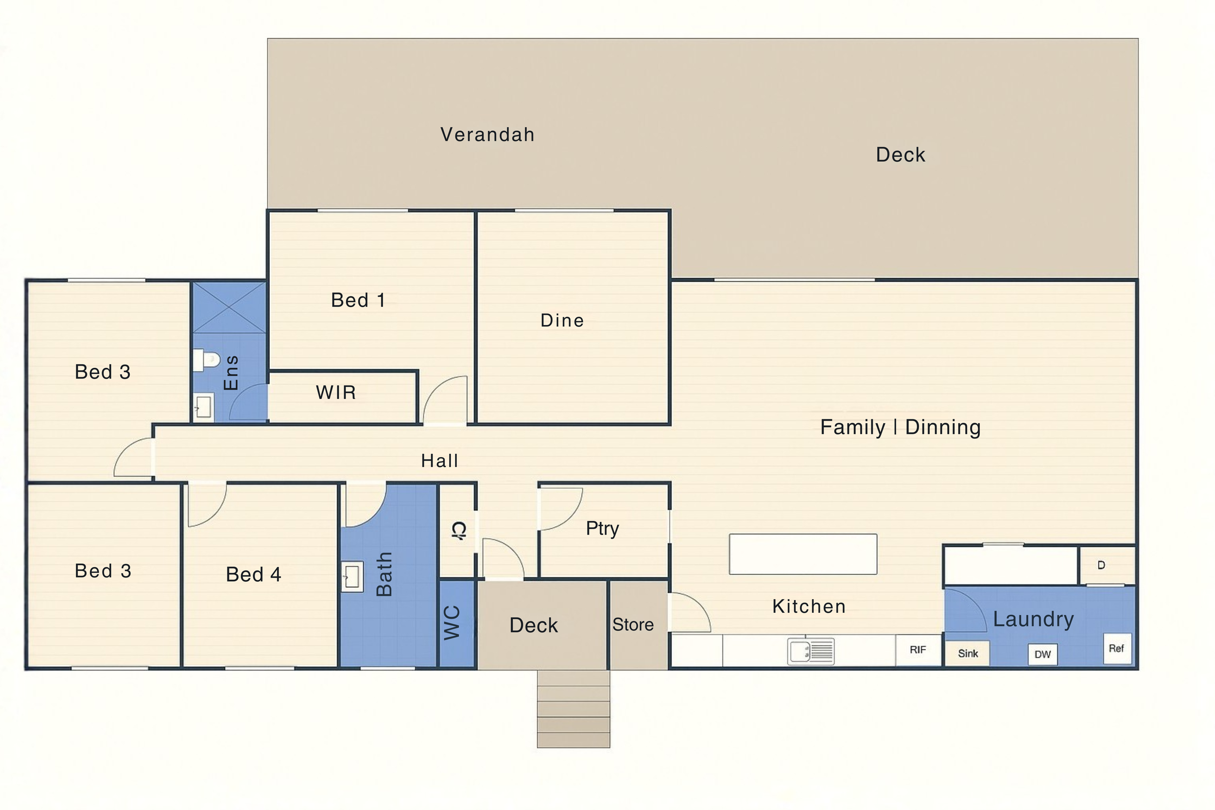 Floor plan of a house showing bedrooms, bathrooms, kitchen, living areas, decks, and veranda.