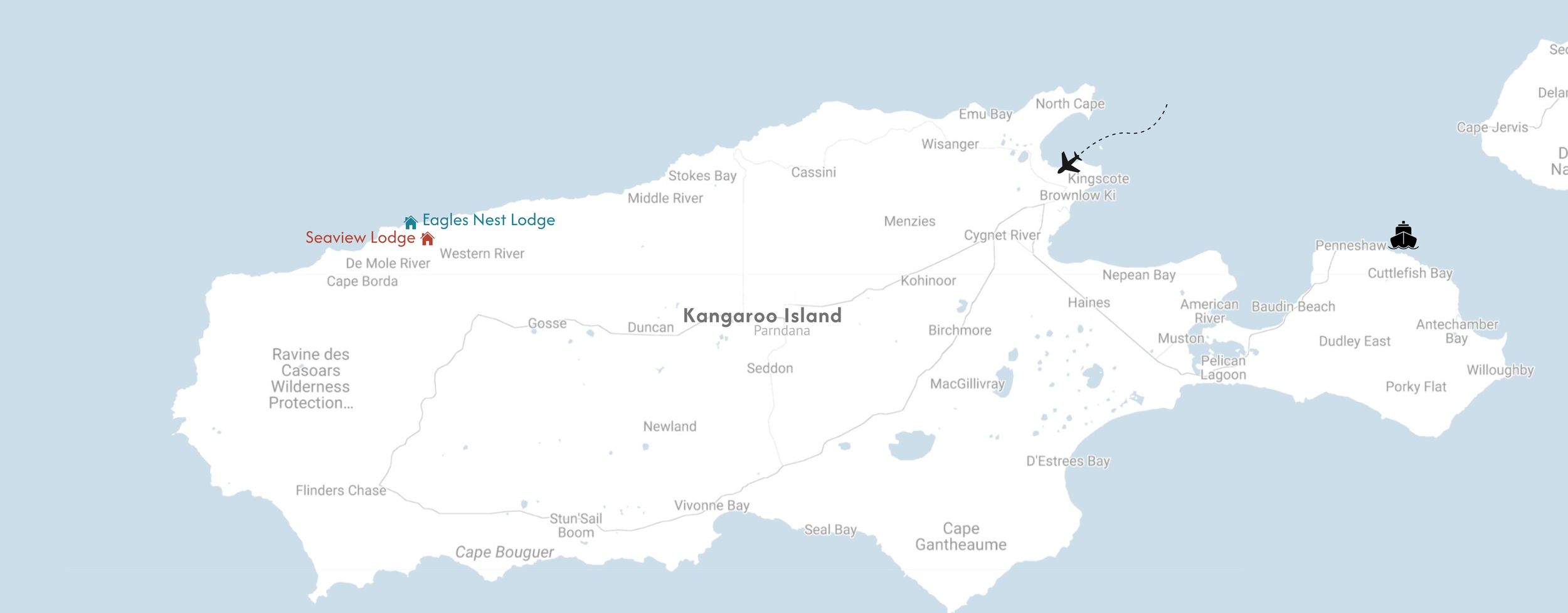 Map of Kangaroo Island in Australia showing locations of Seaview Lodge, Eagles Nest Lodge, and an icon of an airplane. By kangaroo island stays