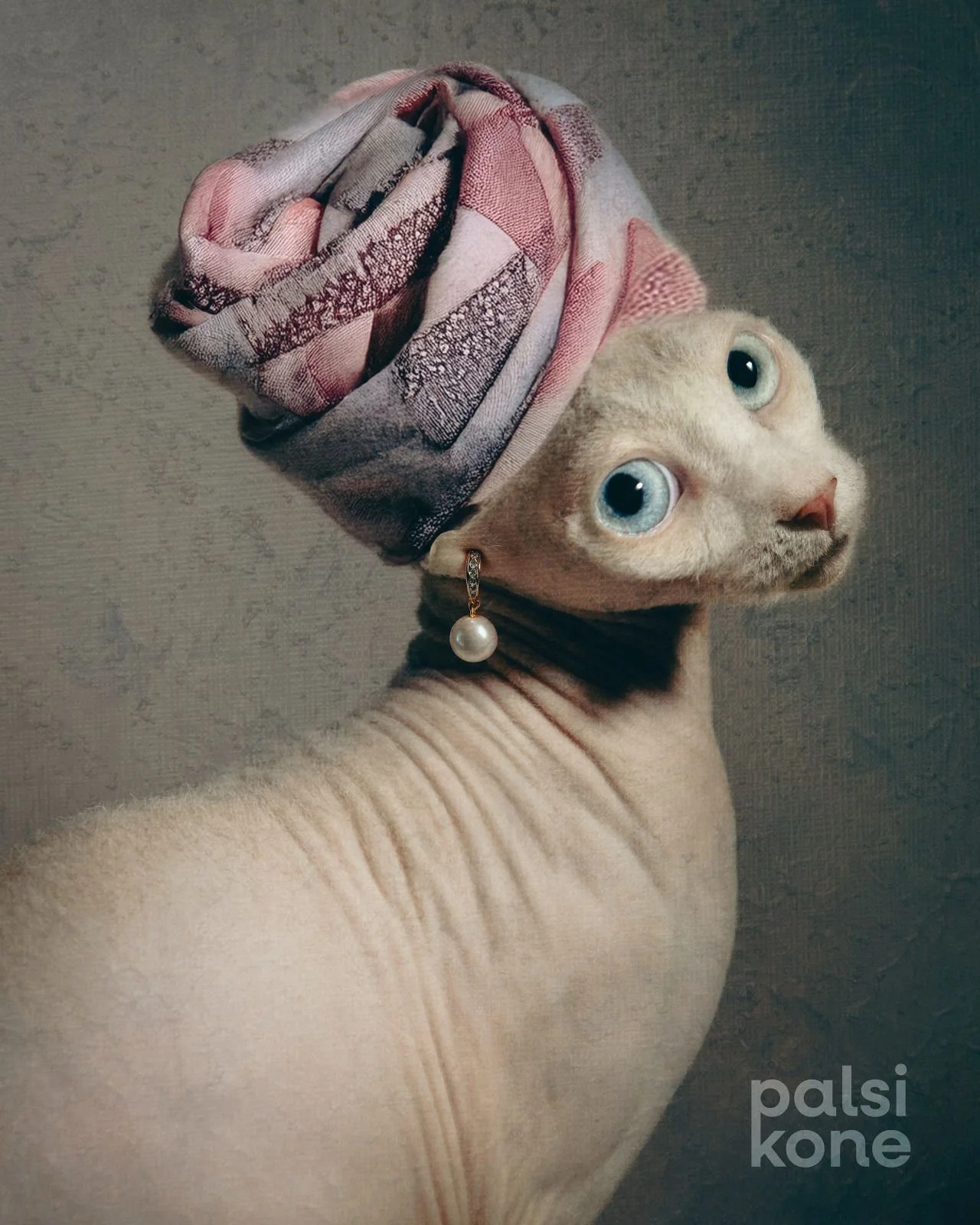 A Sphynx cat wearing a pink and gray patterned headscarf, large pearl earrings, and an earring, with a neutral background.