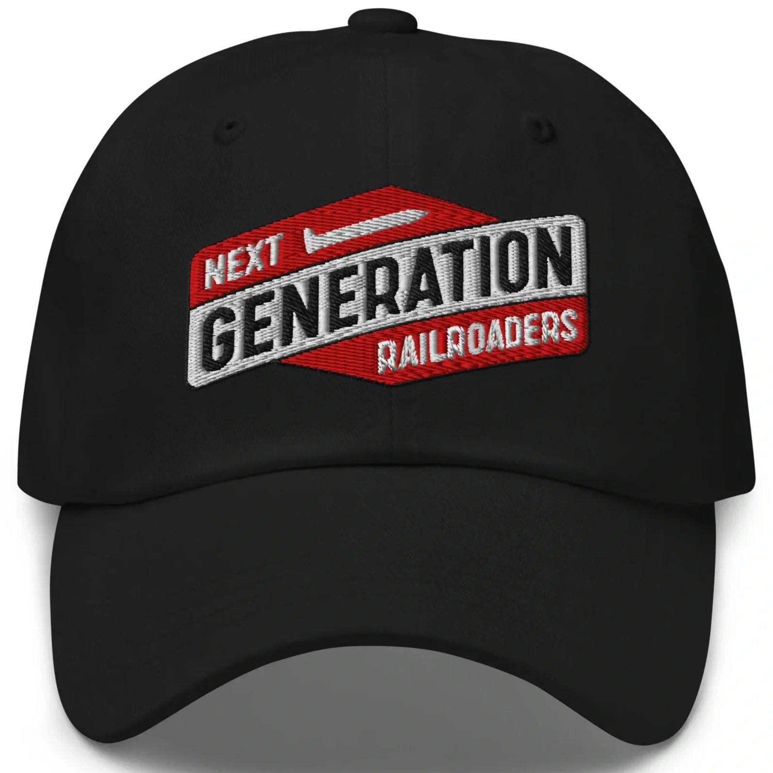 Black baseball cap with embroidery of the text 'Next Generation Railroads' in a red and white geometric design.