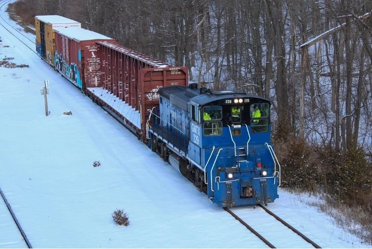 Train with three cars in snow