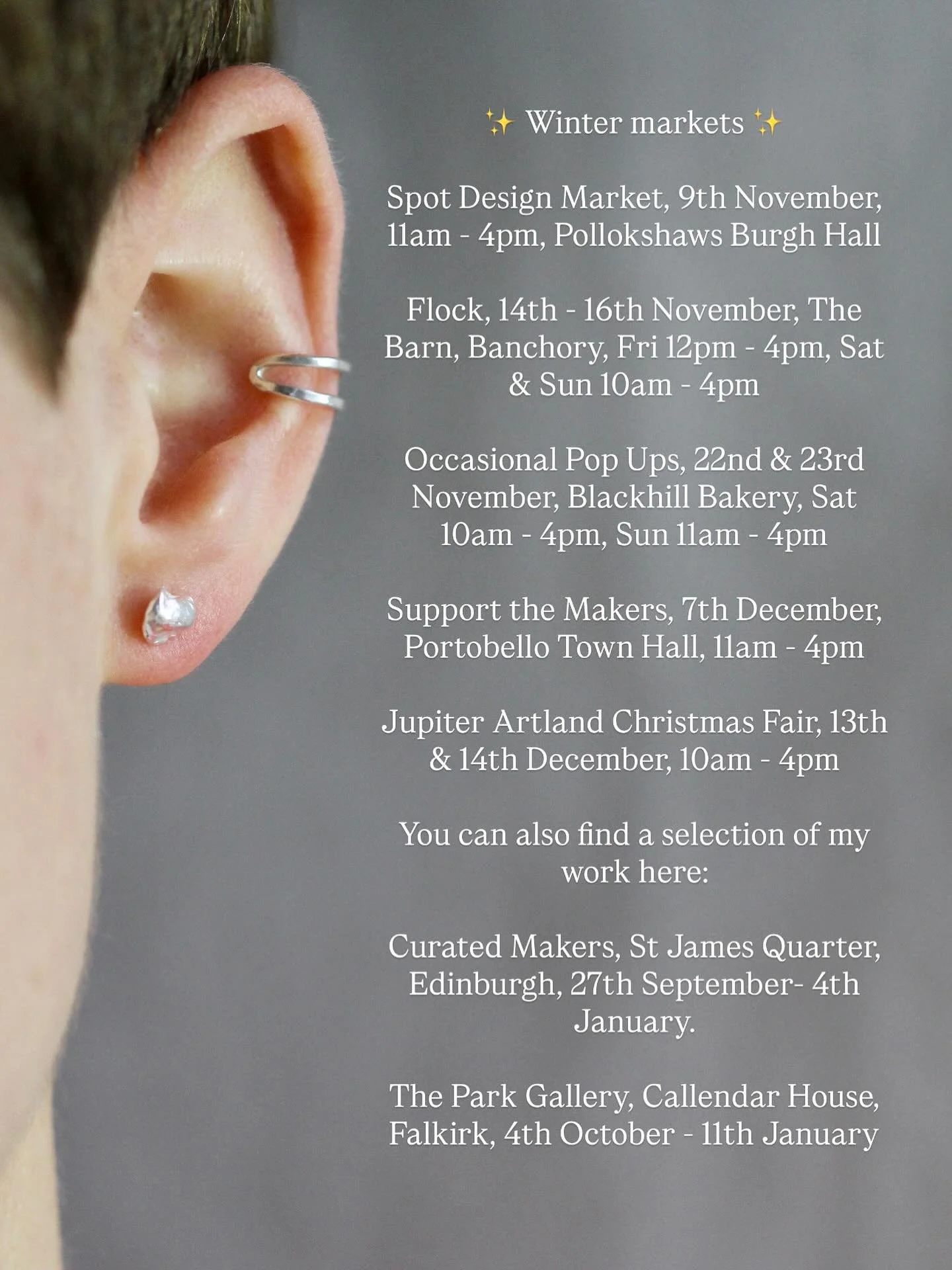 Where you can find me this winter! 

@spotdesignmarket, 9th November, 11am - 4pm, Pollokshaws Burgh Hall

Flock, 14th - 16th November, @thebarnarts, Banchory, Fri 12pm - 4pm, Sat &amp; Sun 10am - 4pm

@occasionalpopups , 22nd &amp; 23rd November, @bl