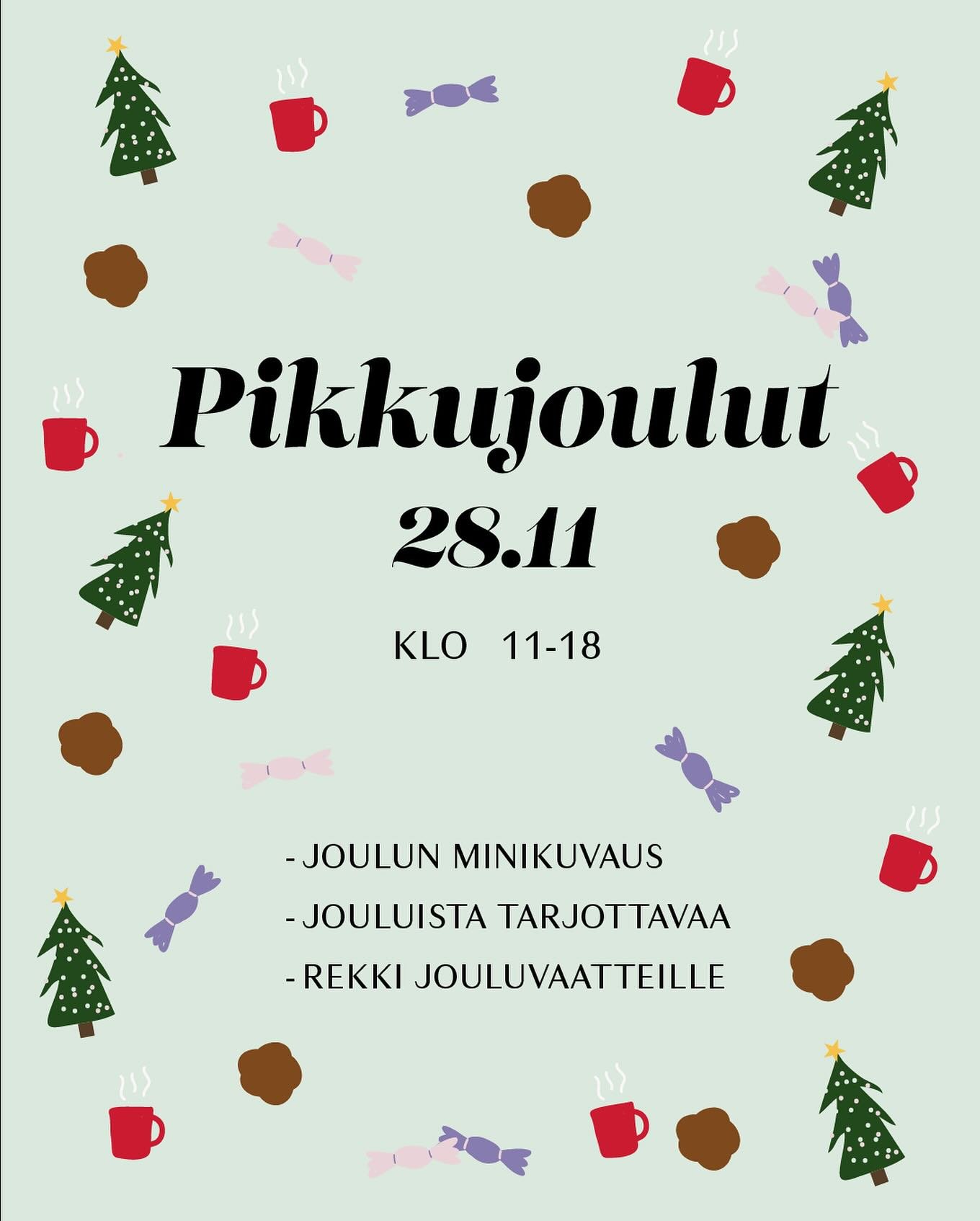 Hattaran pikkujoulut vietet&auml;&auml;n perjantaina 28.11 klo 11-18🎅🏼

J&auml;rjest&auml;mme my&ouml;s jouluiset minikuvaukset valokuvaaja @valokuvaaja_warisworlin tulee taas ja tuo mukanaan rekvisiitan yms!❤️
Valokuvaus 50&euro; 4kpl kuvia, lis&a