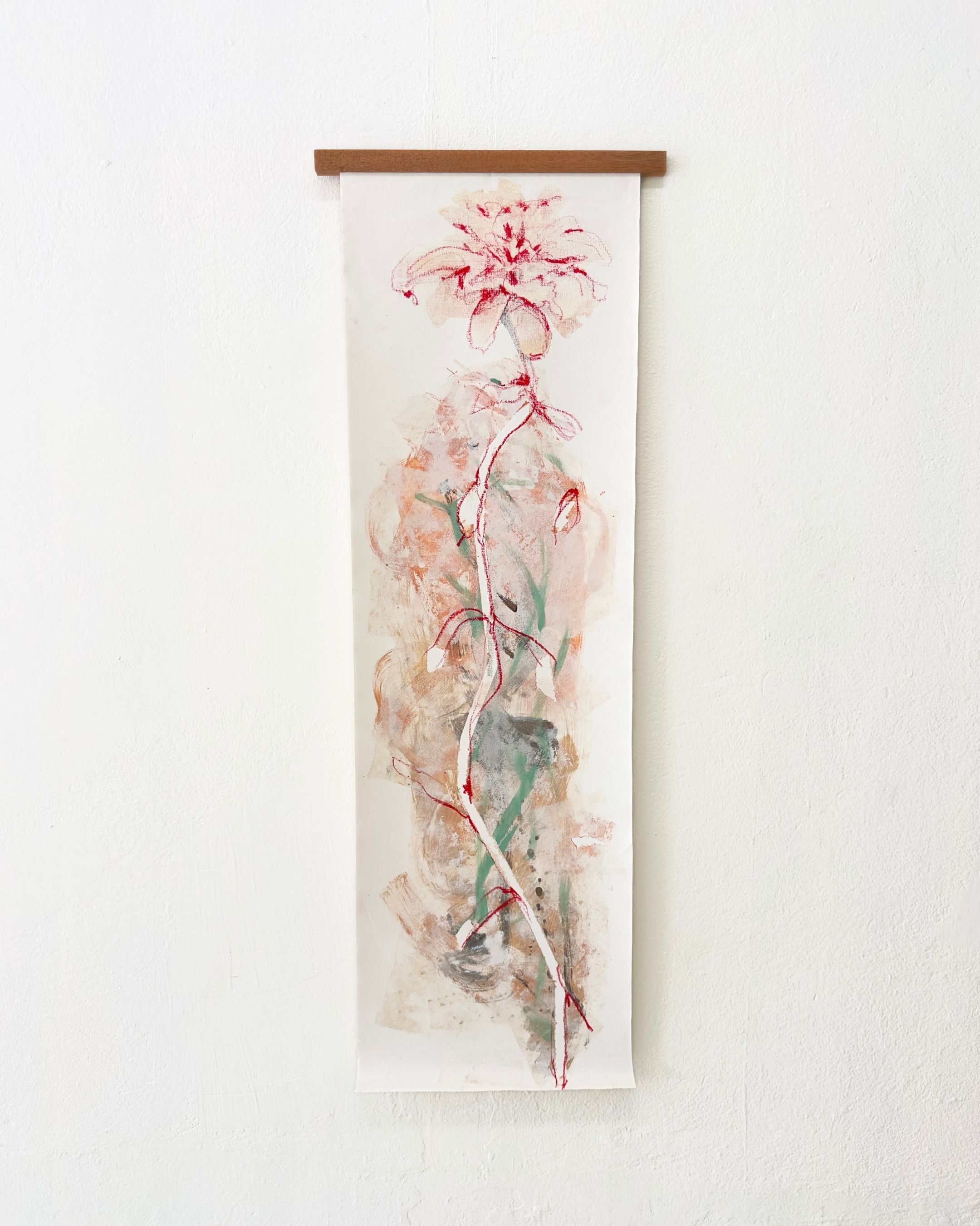 Cuerpo de agua y de savia
2025
Medios mixtos sobre tela
48 × 16 in (120 × 40 cm)
Montaje suspendido con varilla de madera