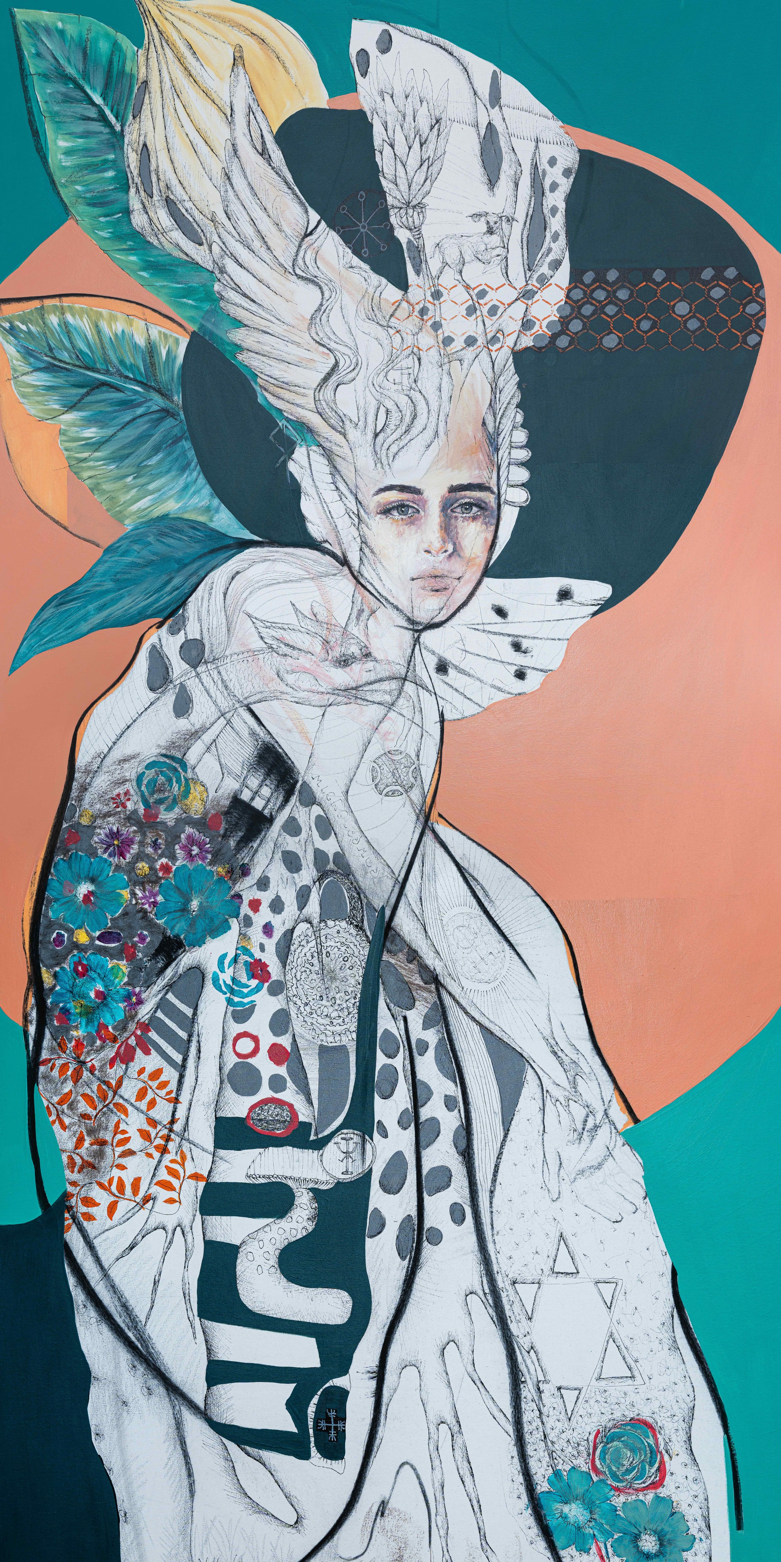 Alquimia - 90x180cm (35.4" x 70.8" inch) - Bolígrafo, óleo, pastel, carbonilla y acrílico sobre tela – 2019
- Disponible -