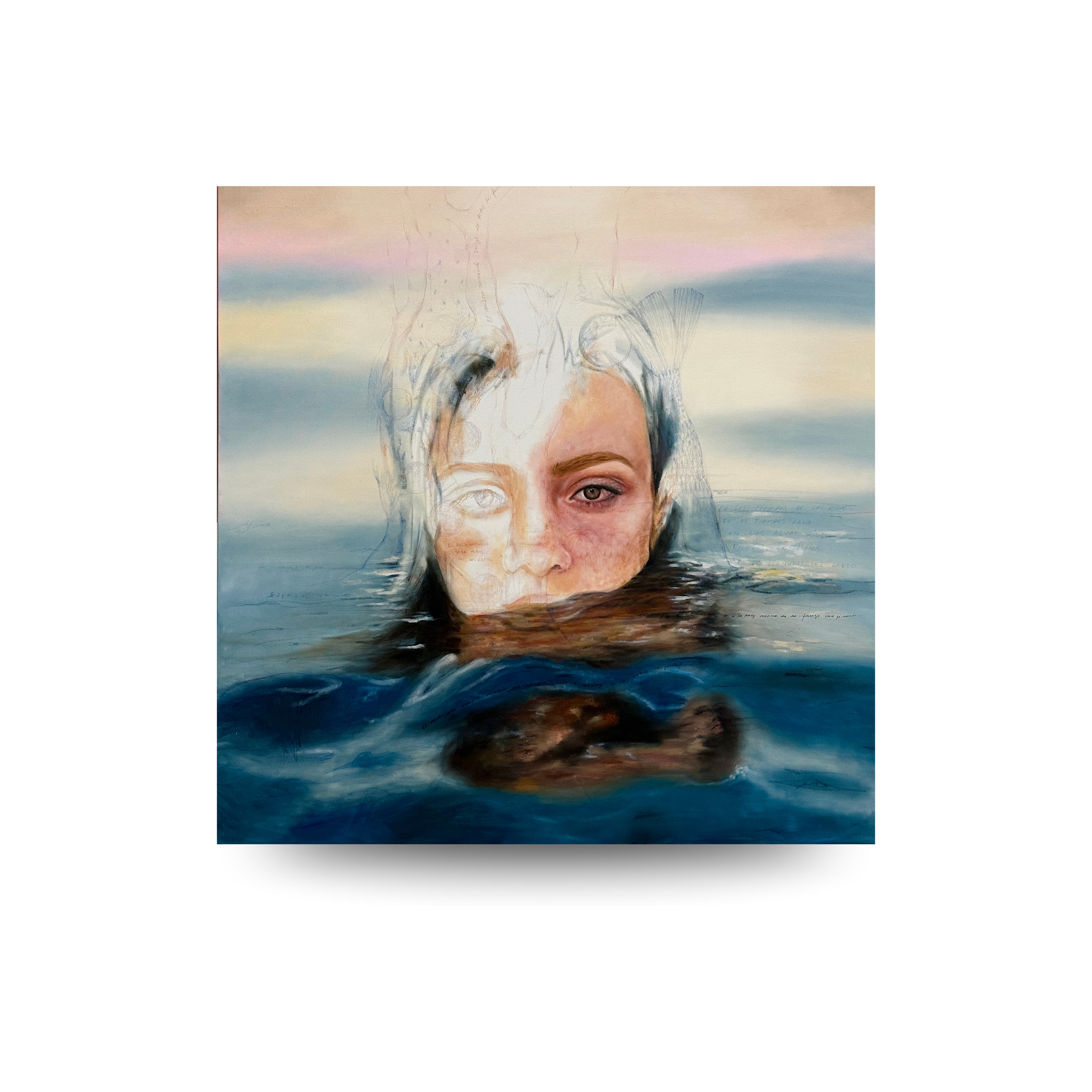 Poblar el cielo con los peces - 100x100cm (39.3" x 39.3" inch) - Óleo, bolígrafo, lápices y acrílico sobre tela - 2025