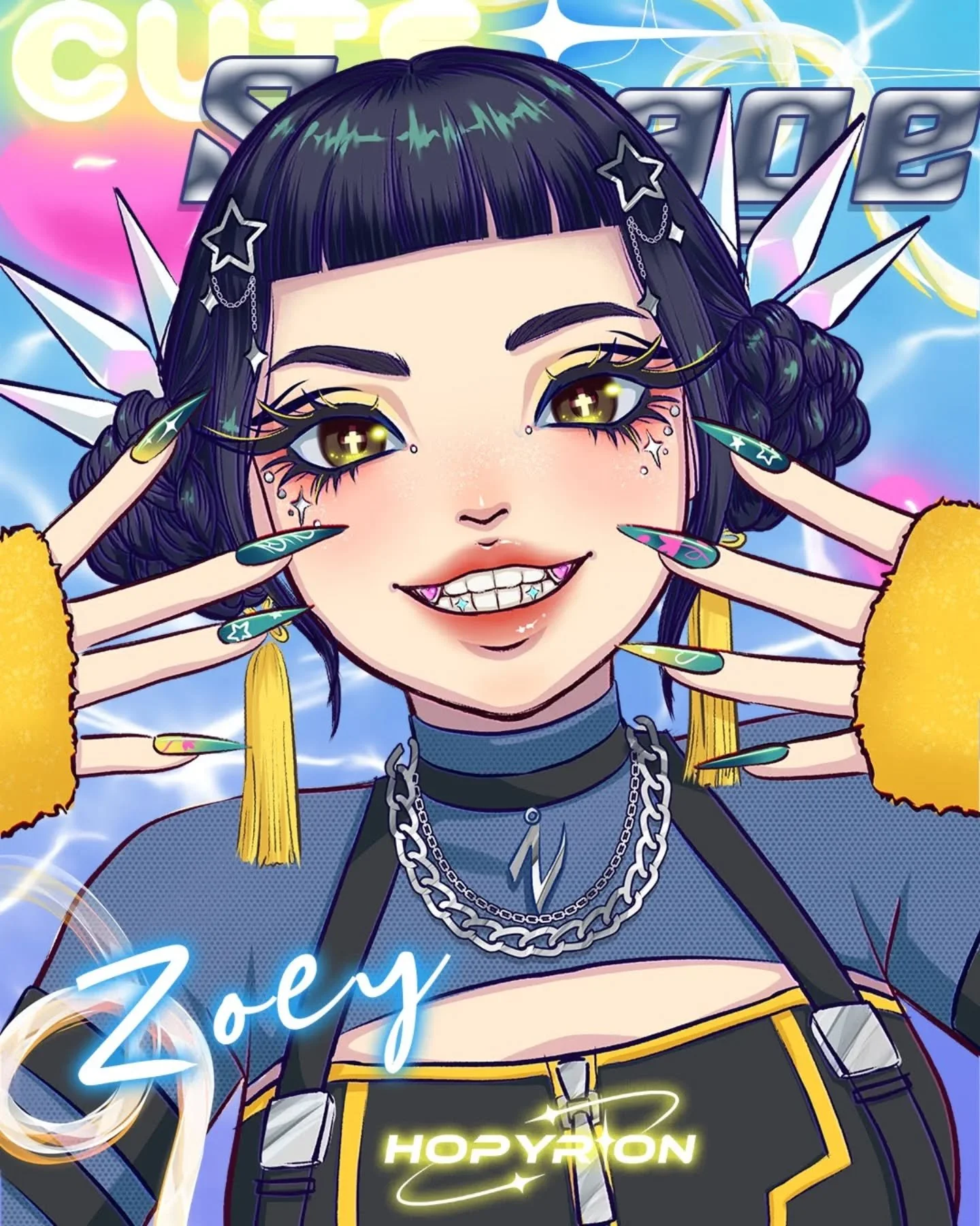 &quot;It's a takedown!&quot; 💙💛

Huntr/x girls are done done done!! 🥹✨
I love Zoey's energy and how she both cute and savage 😎
I feel like Zoey would be cute with tooth gems 😆

It was fun drawing this little series! I originally wanted to draw t