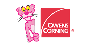 Cartoon pink cat character giving a thumbs up beside a red square logo with white text that reads "Owens Corning"
