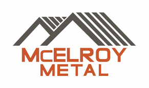 Logo of McElroy Metal featuring stylized rooftops above the company name in orange and black text