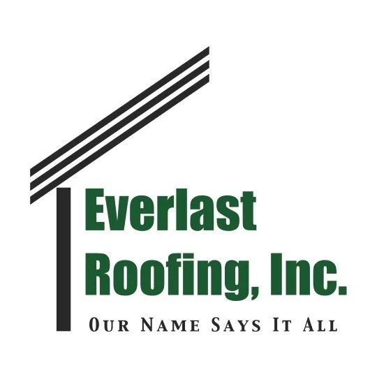 Logo of Everlast Roofing Inc., featuring stylized roof lines, with the company name in bold green text and slogan 'Our Name Says It All' beneath in black.