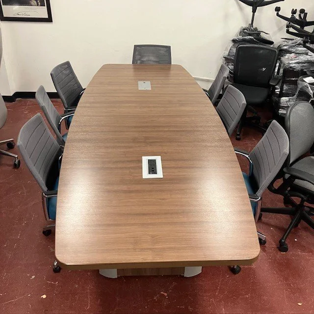 10' Modern Walnut Laminate Boat-Shaped Conference Table w/ Data & Power