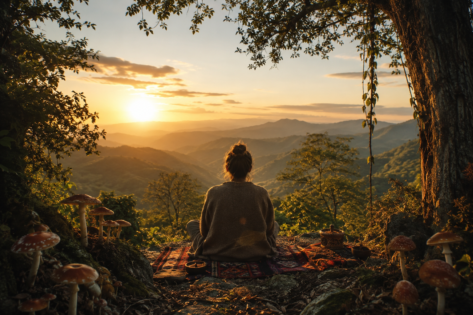 Person meditating in forest at sunset with mountain view.png