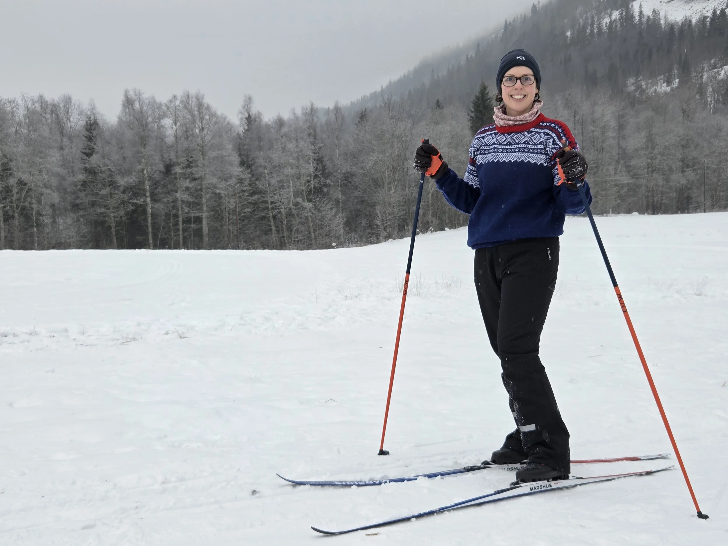 Sorcha skiin in the snowy Norwegian countryside