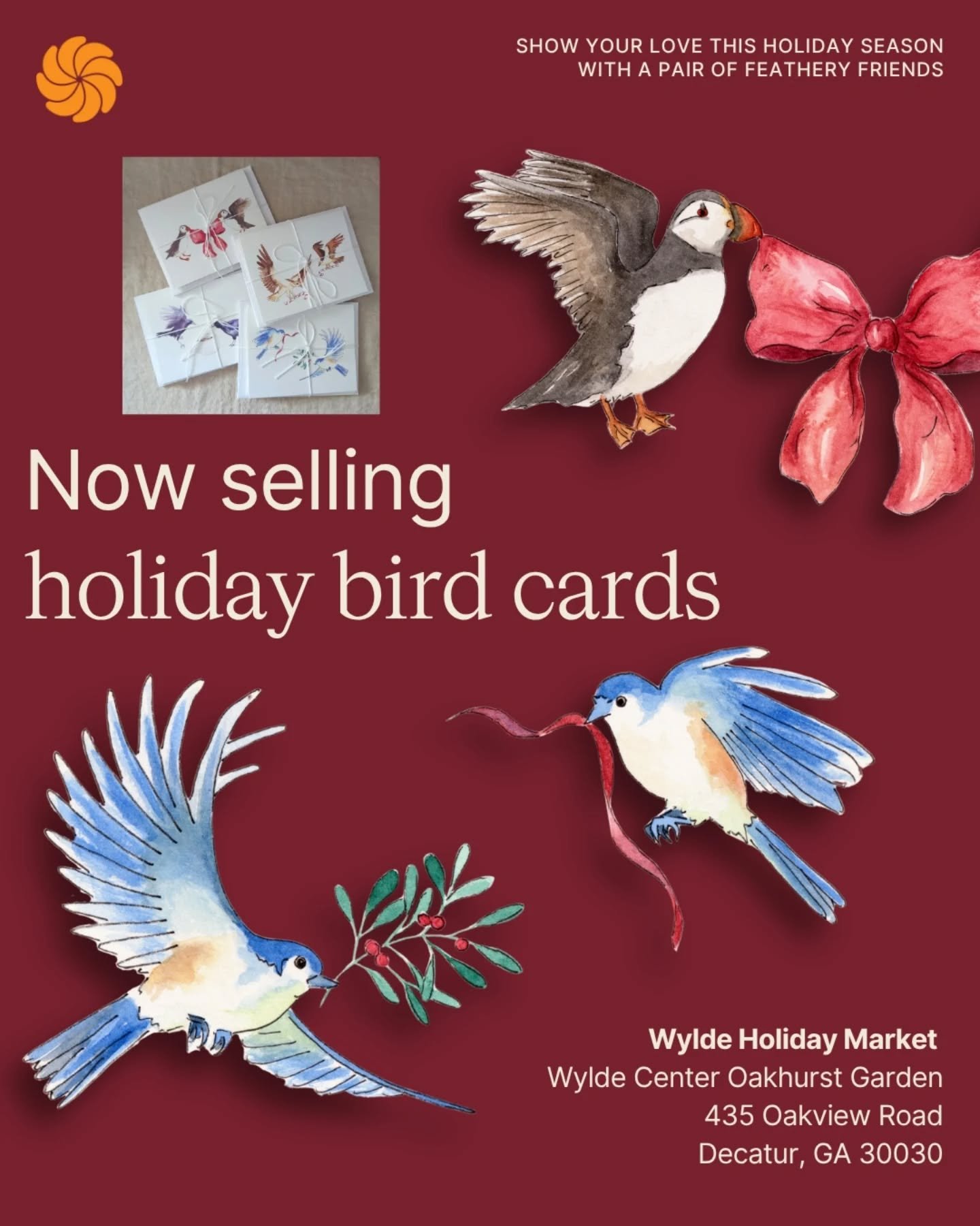 The @wyldecenter Wylde Holiday Market is self-serve in their Oakhurst Garden front space and you can find my holiday bird cards on one of their shelves! 

1 set for $10
2 sets for $15
3 sets for $20

Puffins with ribbon, bluebirds with mistletoe, cro