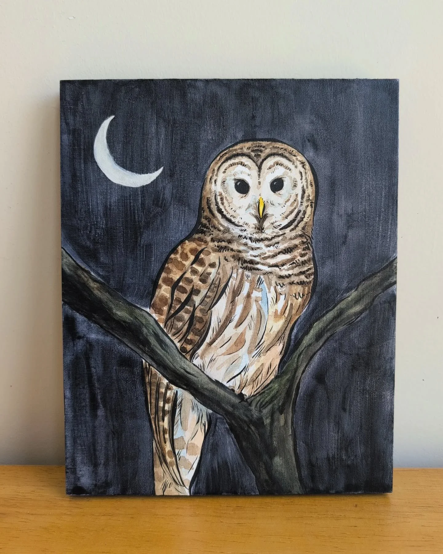 Happy new year!! (I cheated, this one was painted in 2025 🫢) 

This is a rendition of my original barred owl in watercolor using my more playful watercolor &amp; ink style.

But wouldn't this look cute in a nursery?!

Barred Owl, 2025
Medium: Waterc