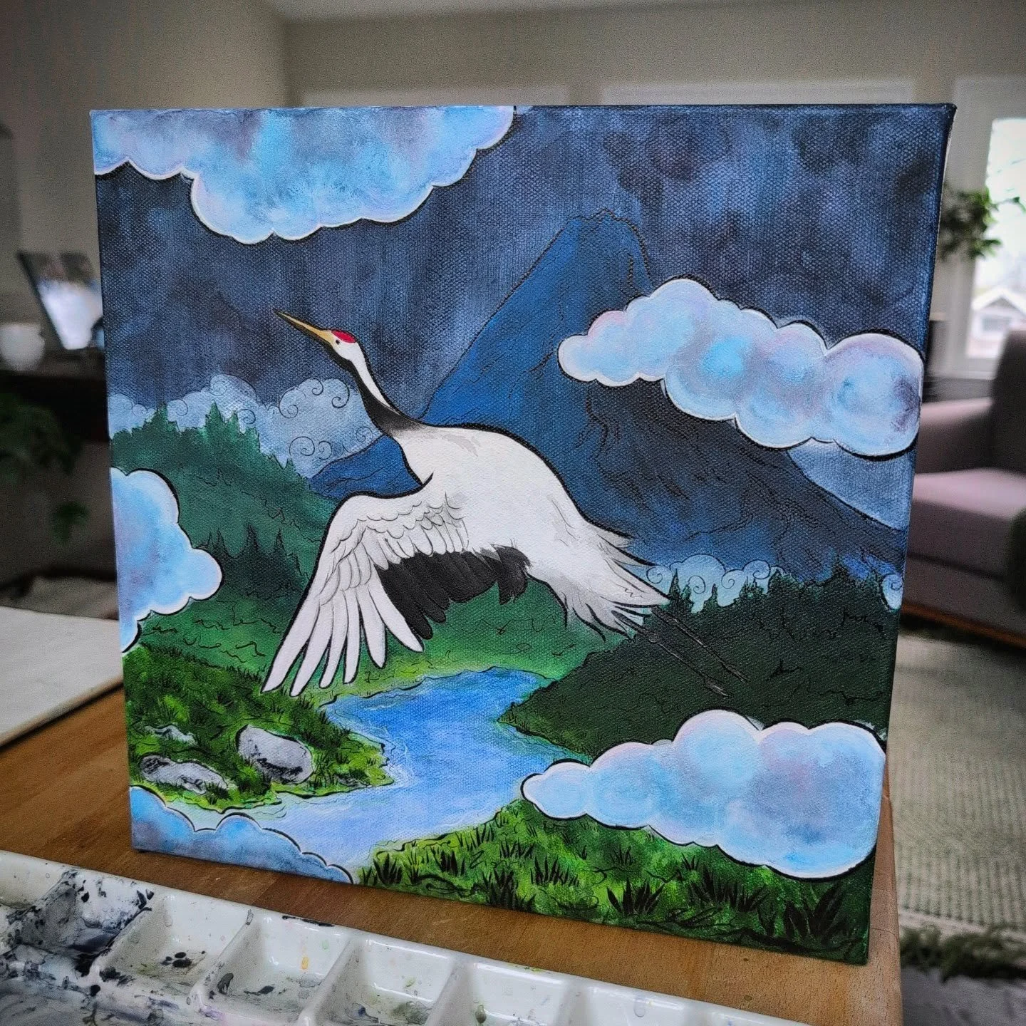 I have been playing around with this for WEEKS! (Truthfully, I sketched it out on the canvas a year ago and haven't touched it until this year.) This is a mixed media piece - watercolor, acrylic, ink,  a bit of gouache. I struggled a lot with this, e