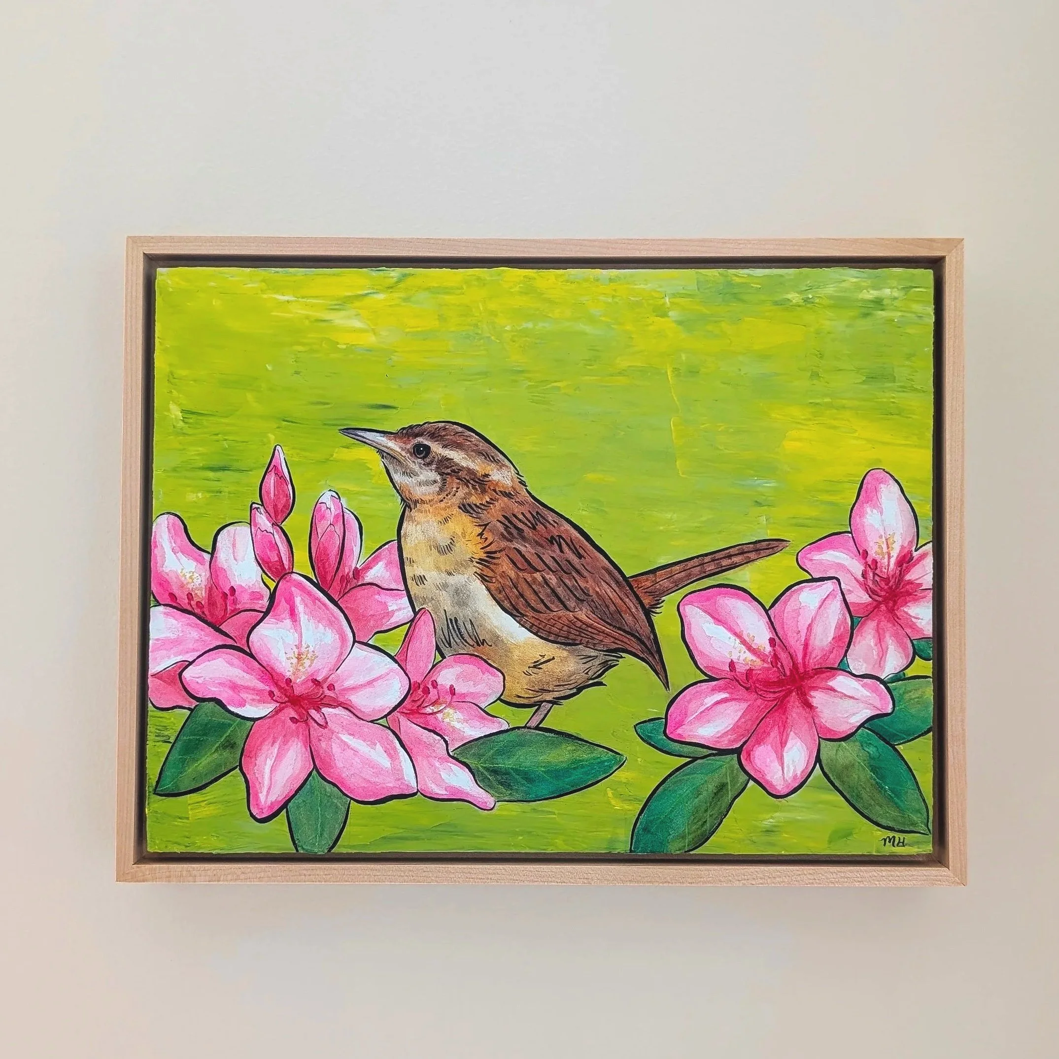 Carolina Wren & Pink Rhododendrons
Watercolor, acrylic, & ink on wood
Solid wood frame (7/8" depth)
12x9