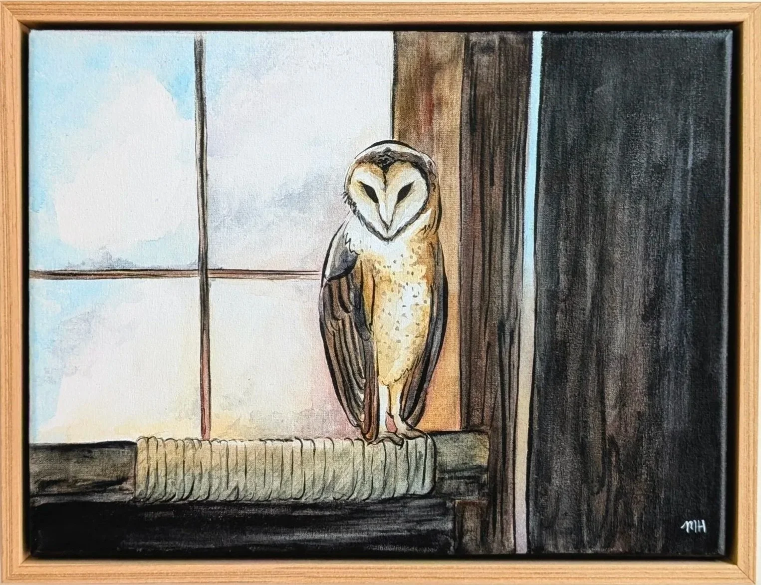 Barn Owl
Watercolor and ink on canvas
Solid maple frame
12x9 