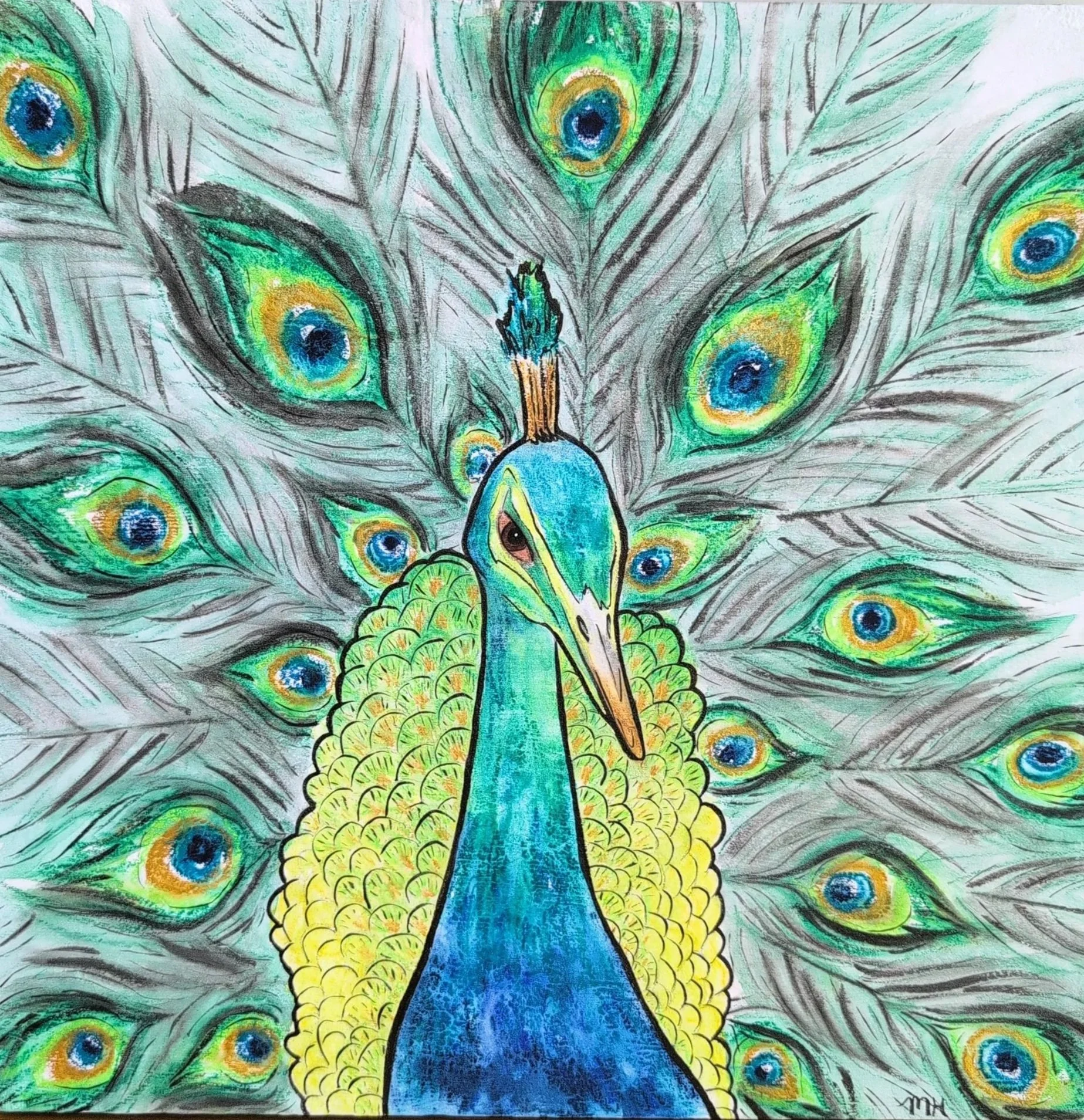 Peafowl
Watercolor crayon, watercolor, & ink on wood
12 x 12 in.