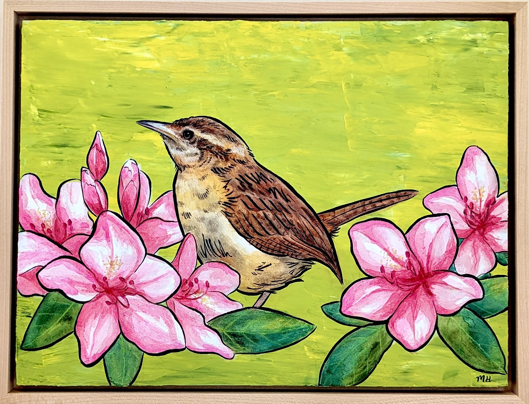 Carolina Wren & Pink Rhododendrons
Watercolor, acrylic, & ink on wood
Solid wood frame (7/8" depth)
12x9