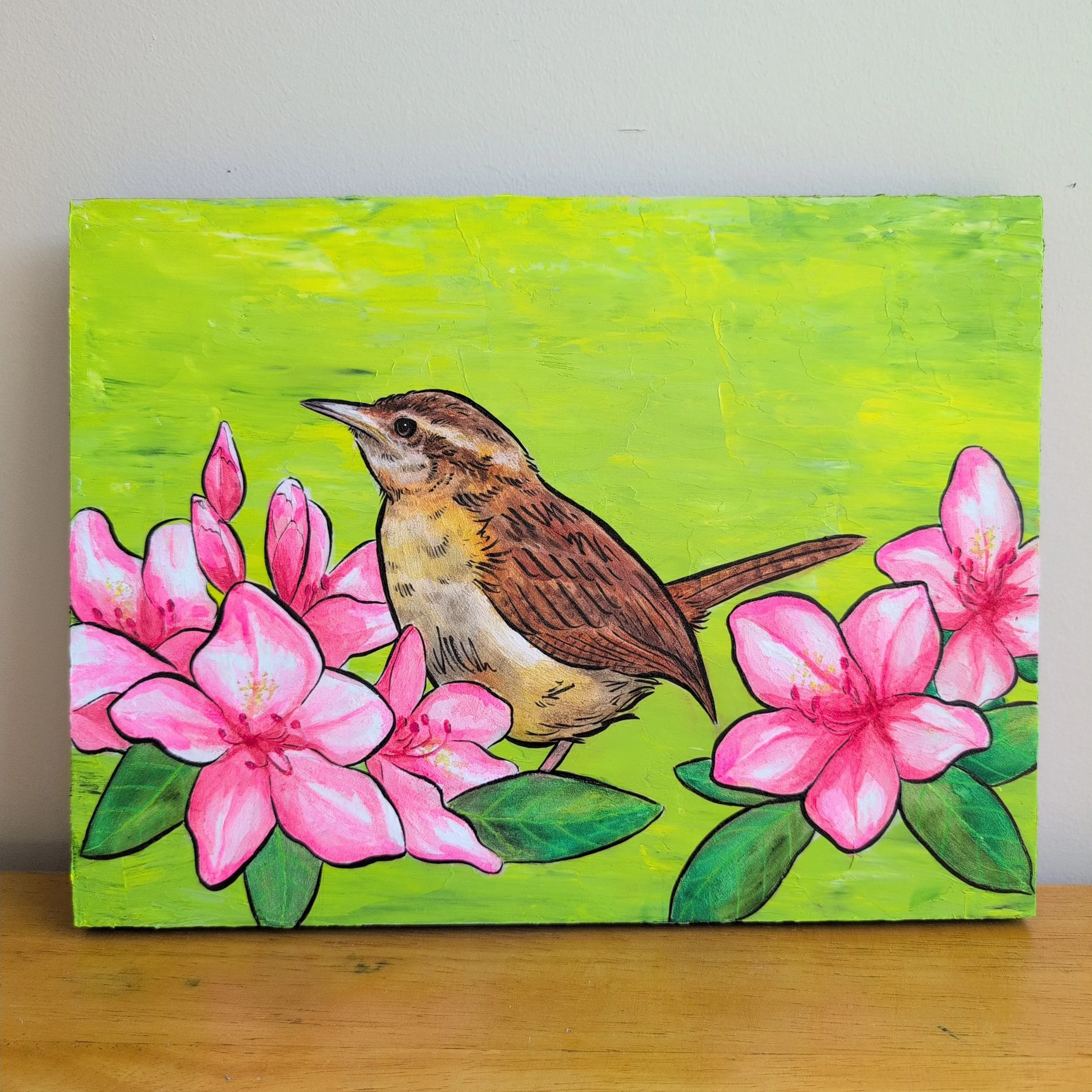 Carolina Wren & Pink Rhododendrons
Watercolor, acrylic, & ink on wood
12x9
