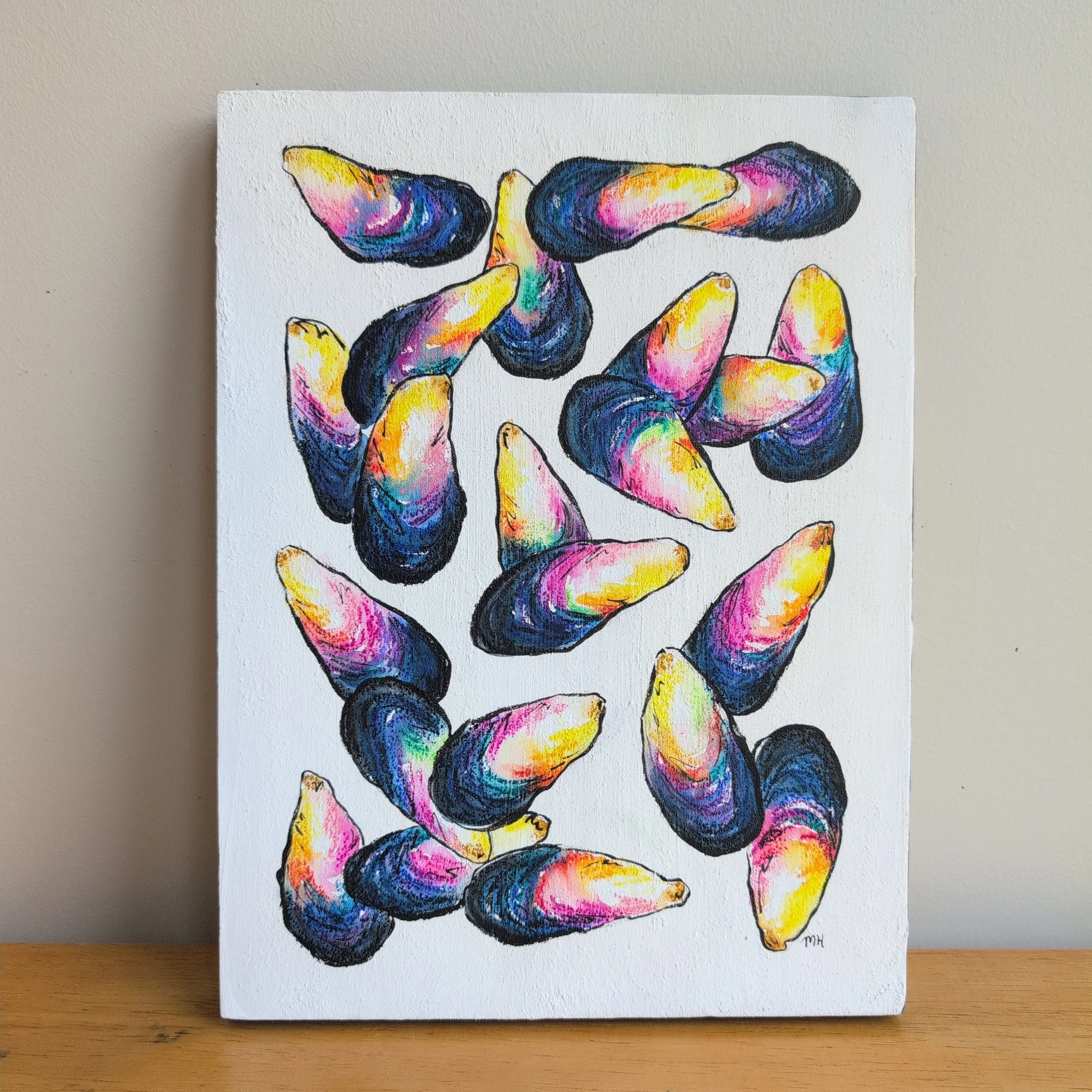 Mussel Party
Watercolor crayon & ink on wood
9x12