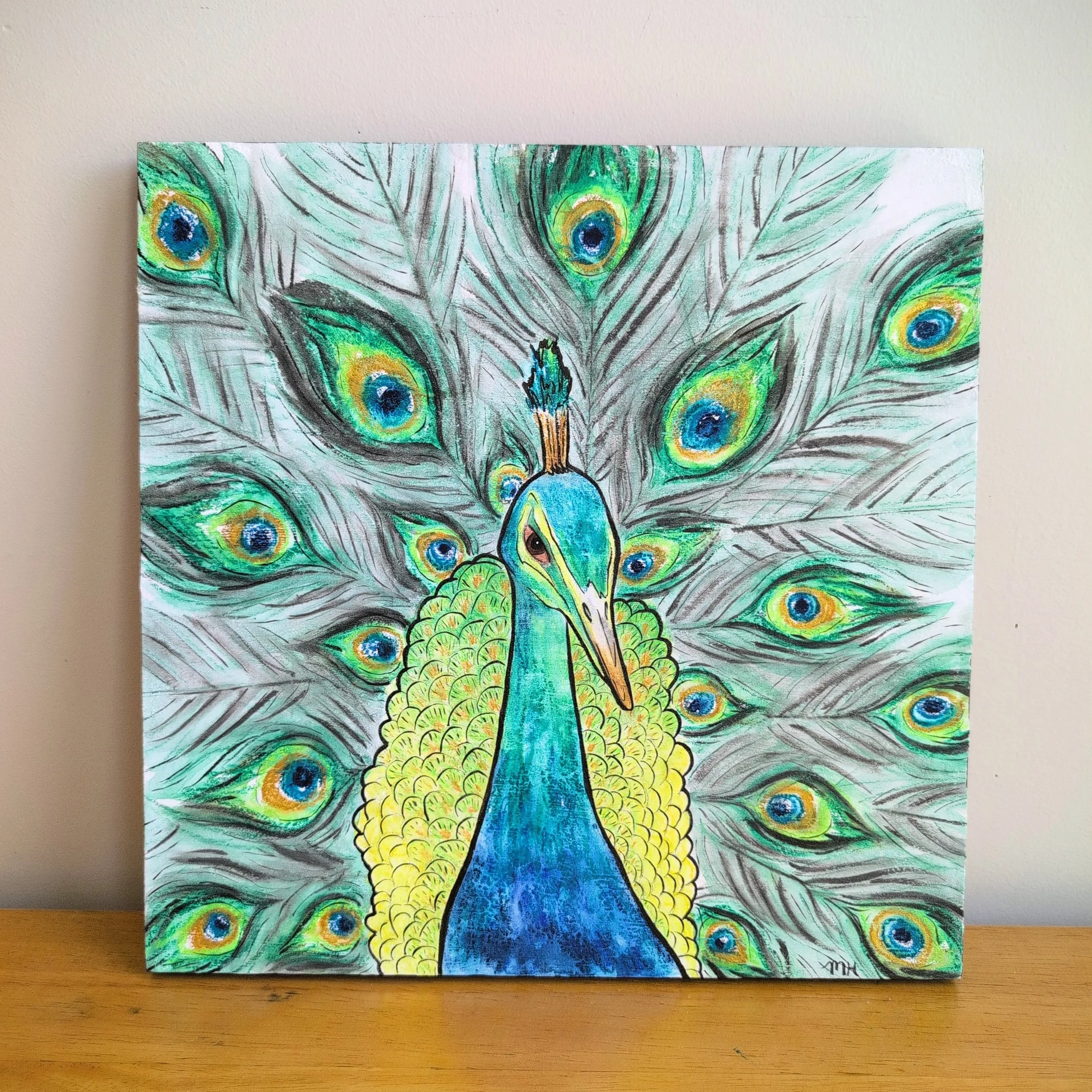Peafowl
Watercolor crayon, watercolor, & ink on wood
12x12