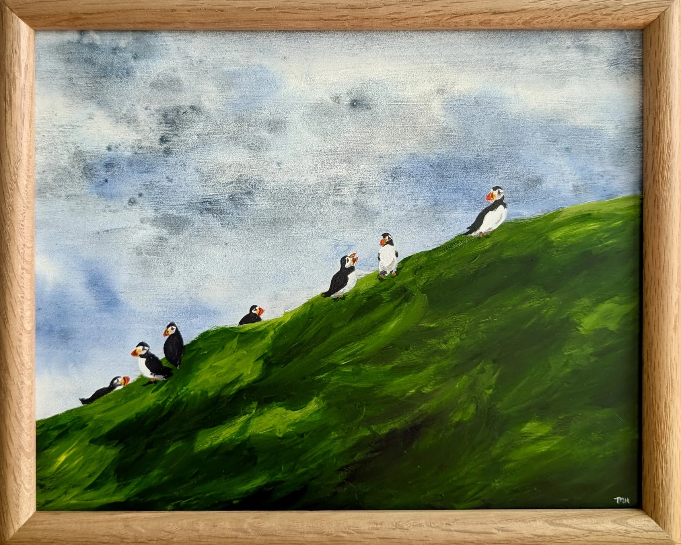Puffins on Slope
Watercolor, acrylic on hardboard
8 x 10 in.