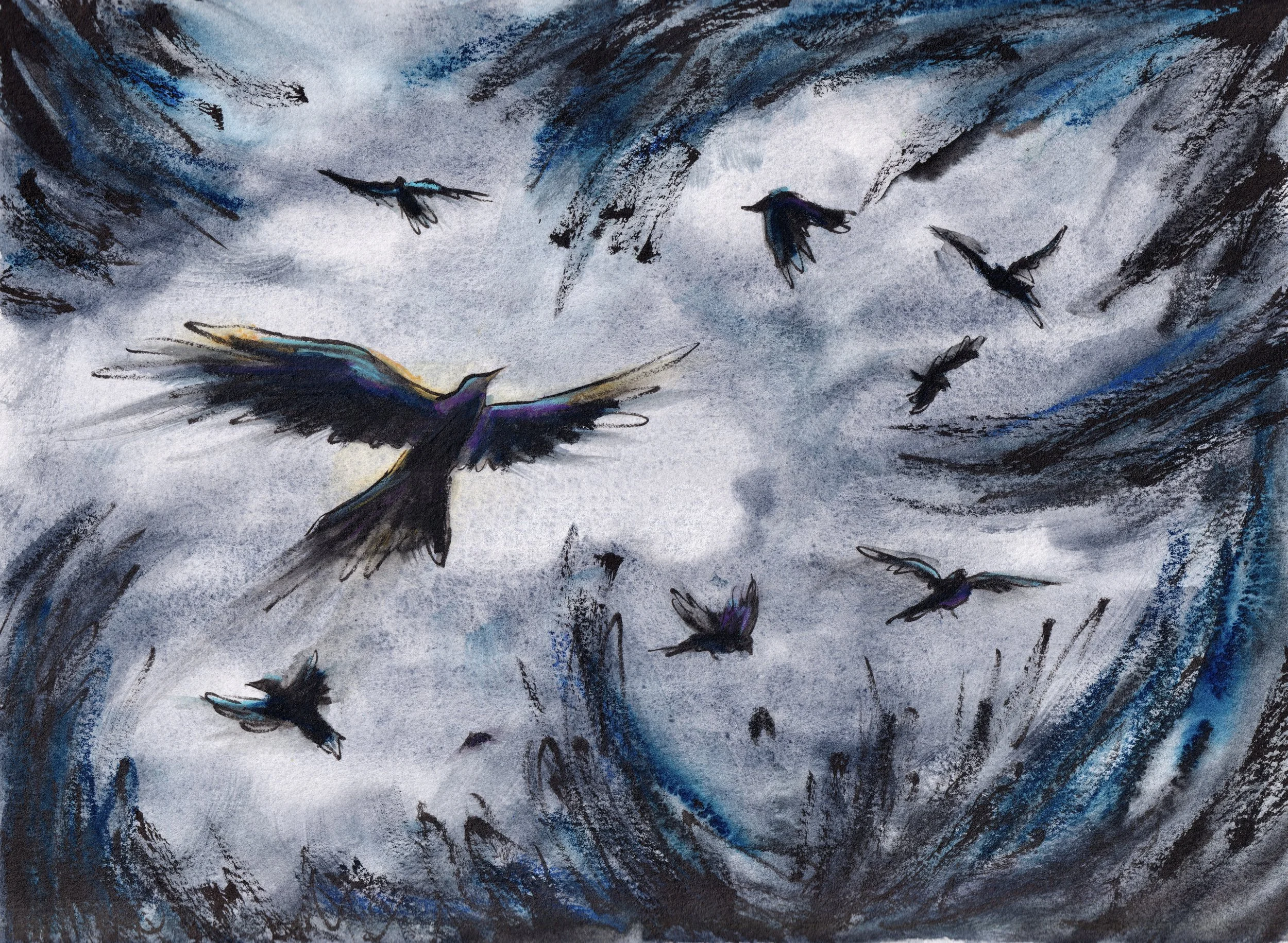 Storm of Crows II
Watercolor, watercolor crayon & ink on paper
8 x 10 in.