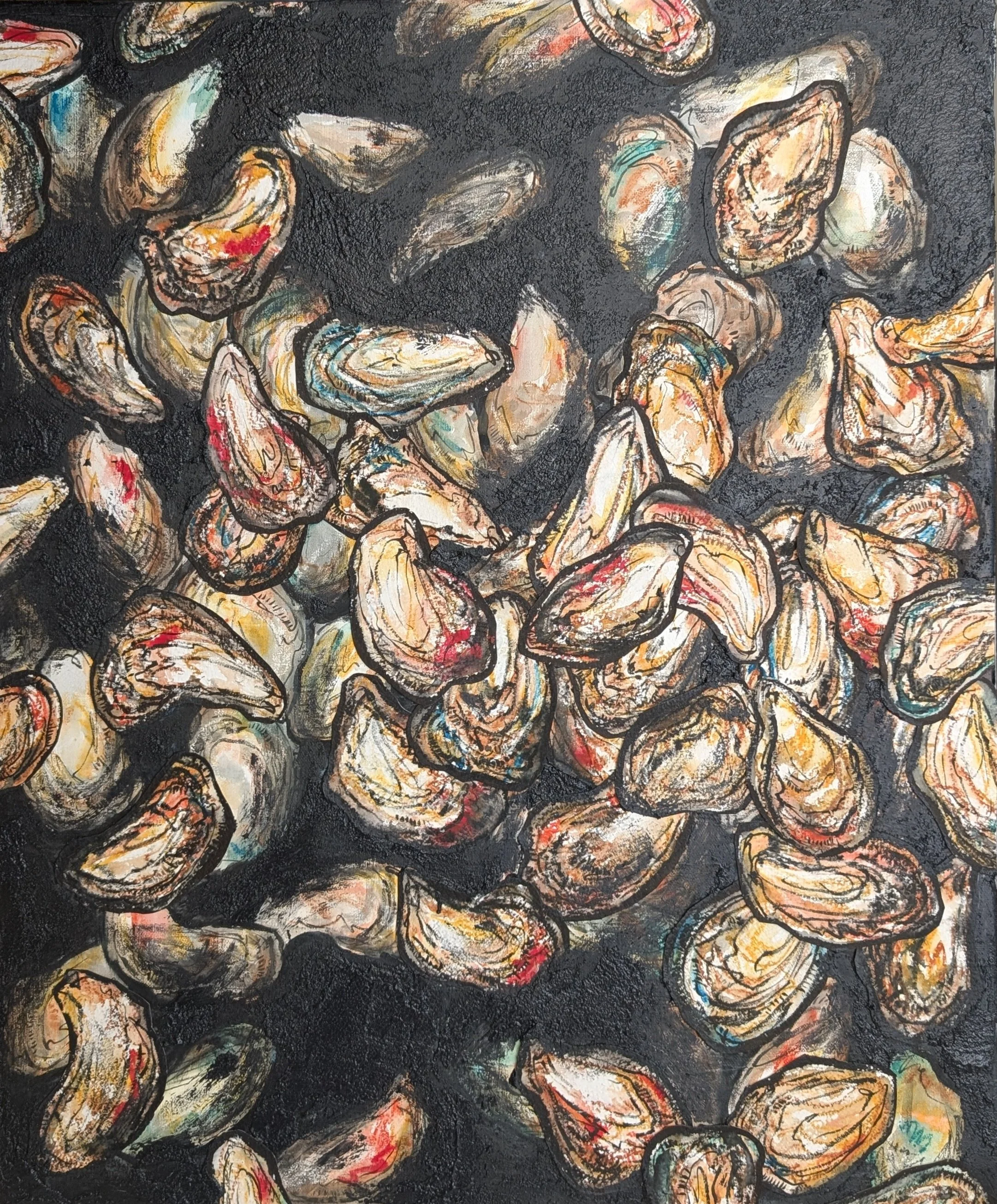 Oysters
Waterolor crayon, watercolor, ink, acrylic, sand, paper