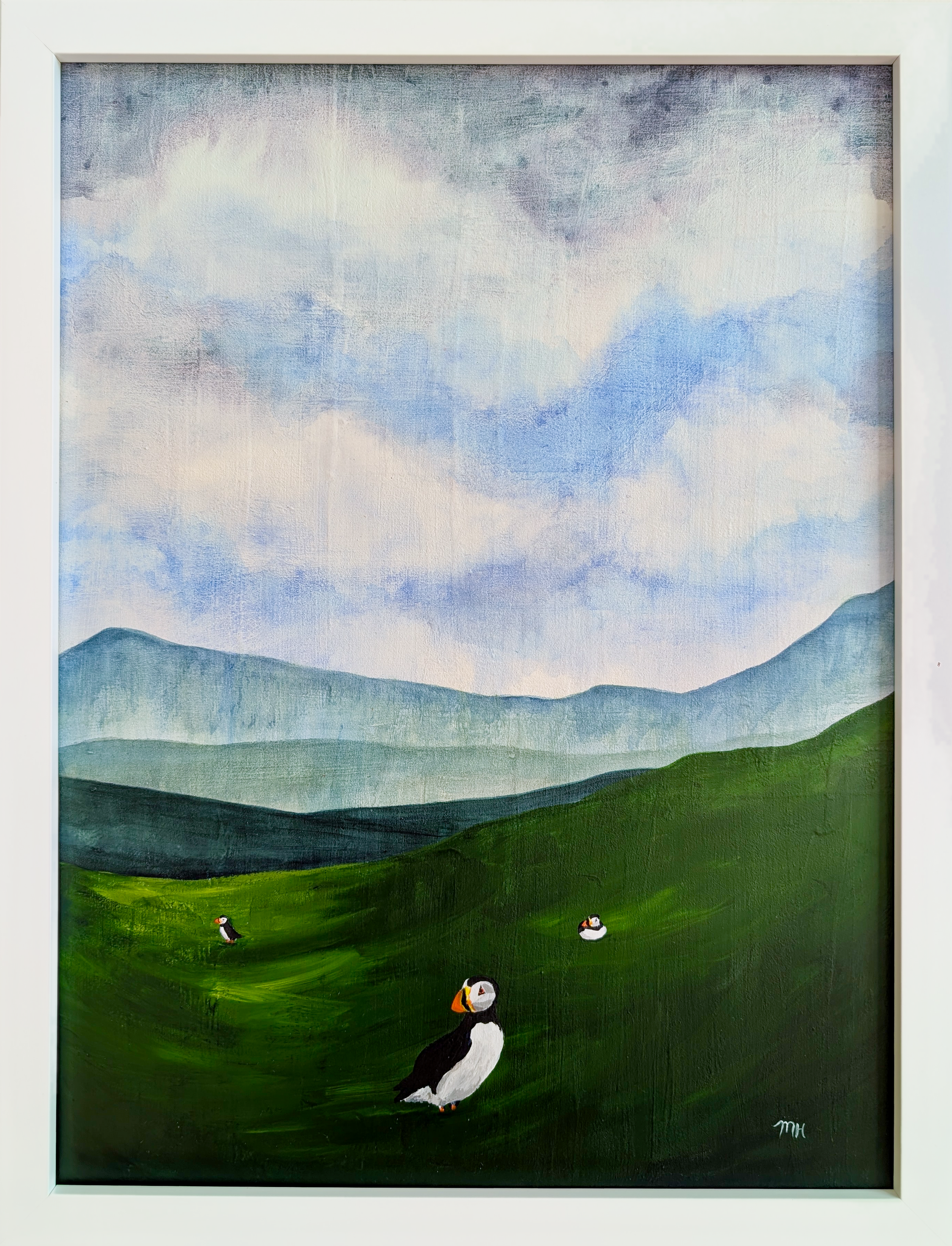 Puffins on Slope (right)
Watercolor, acrylic on hardboard
16 x 12 in.
