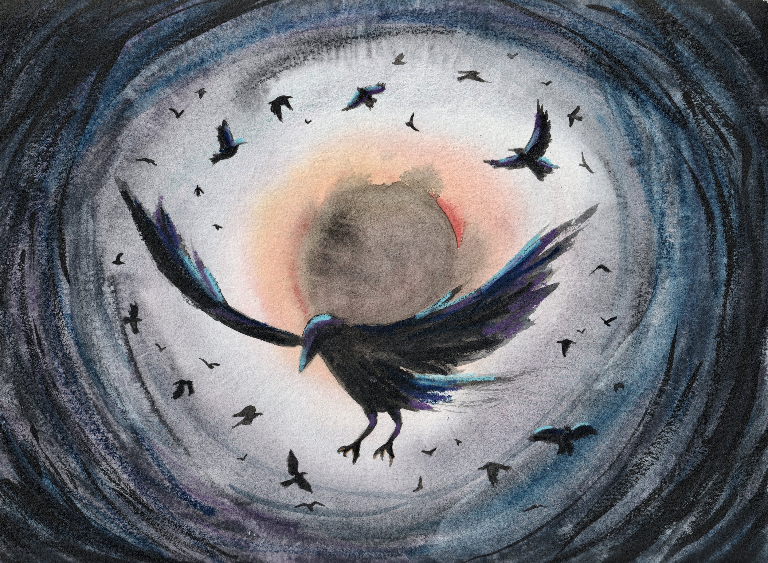 Storm of Crows
Watercolor, watercolor crayon & ink on paper
8 x 10 in.