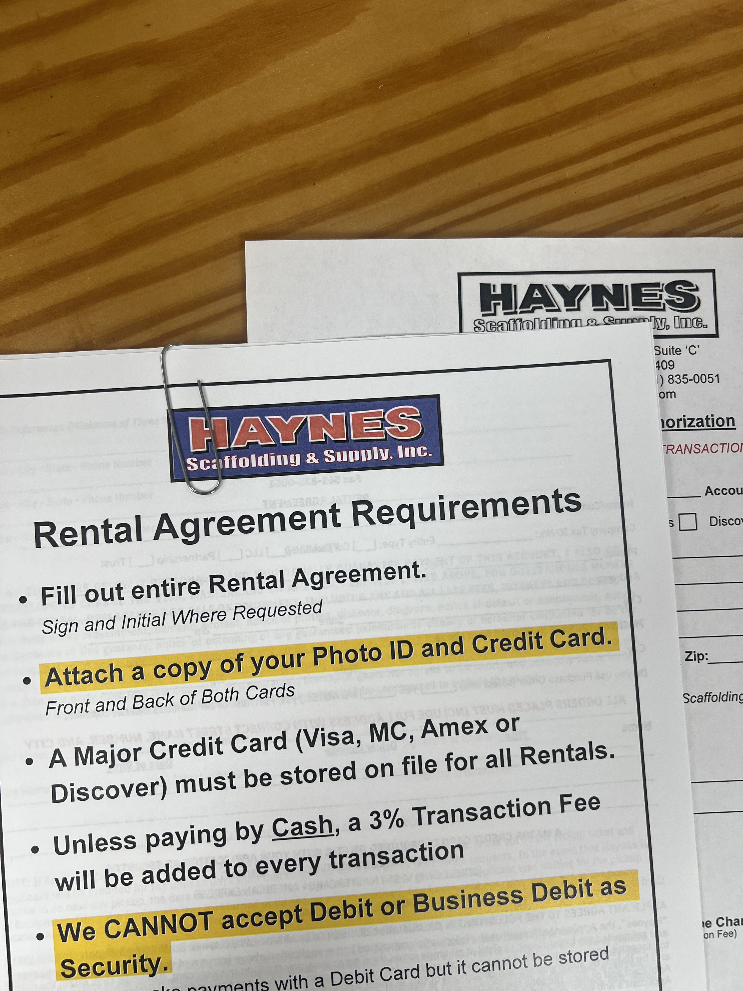 Haynes Scaffolding rental contract