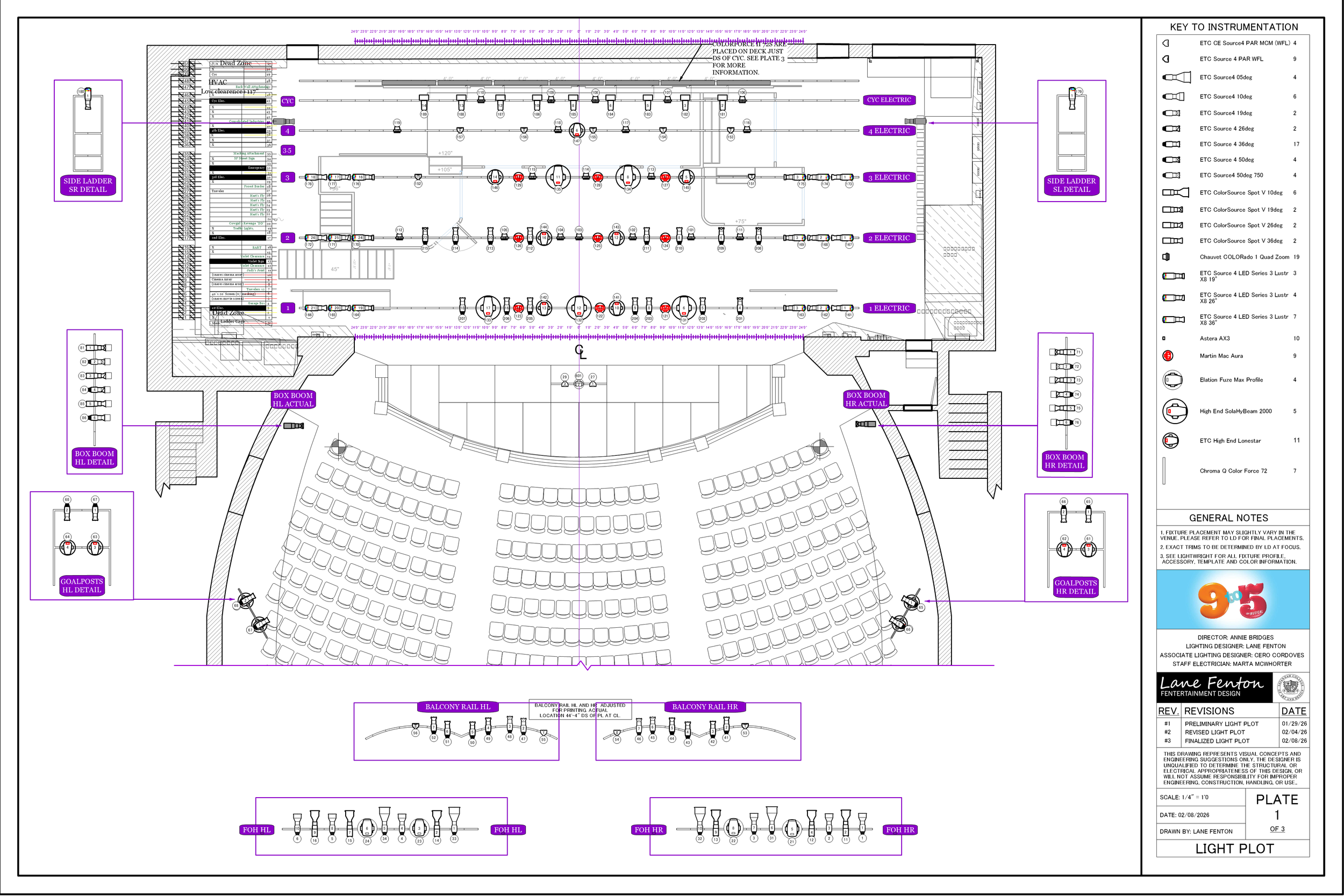 Lighting Plot for the SCAD mainstage production of '9 to 5: The Musical'. Drafted in Vectorworks by Lane Fenton and Cero Cordoves.