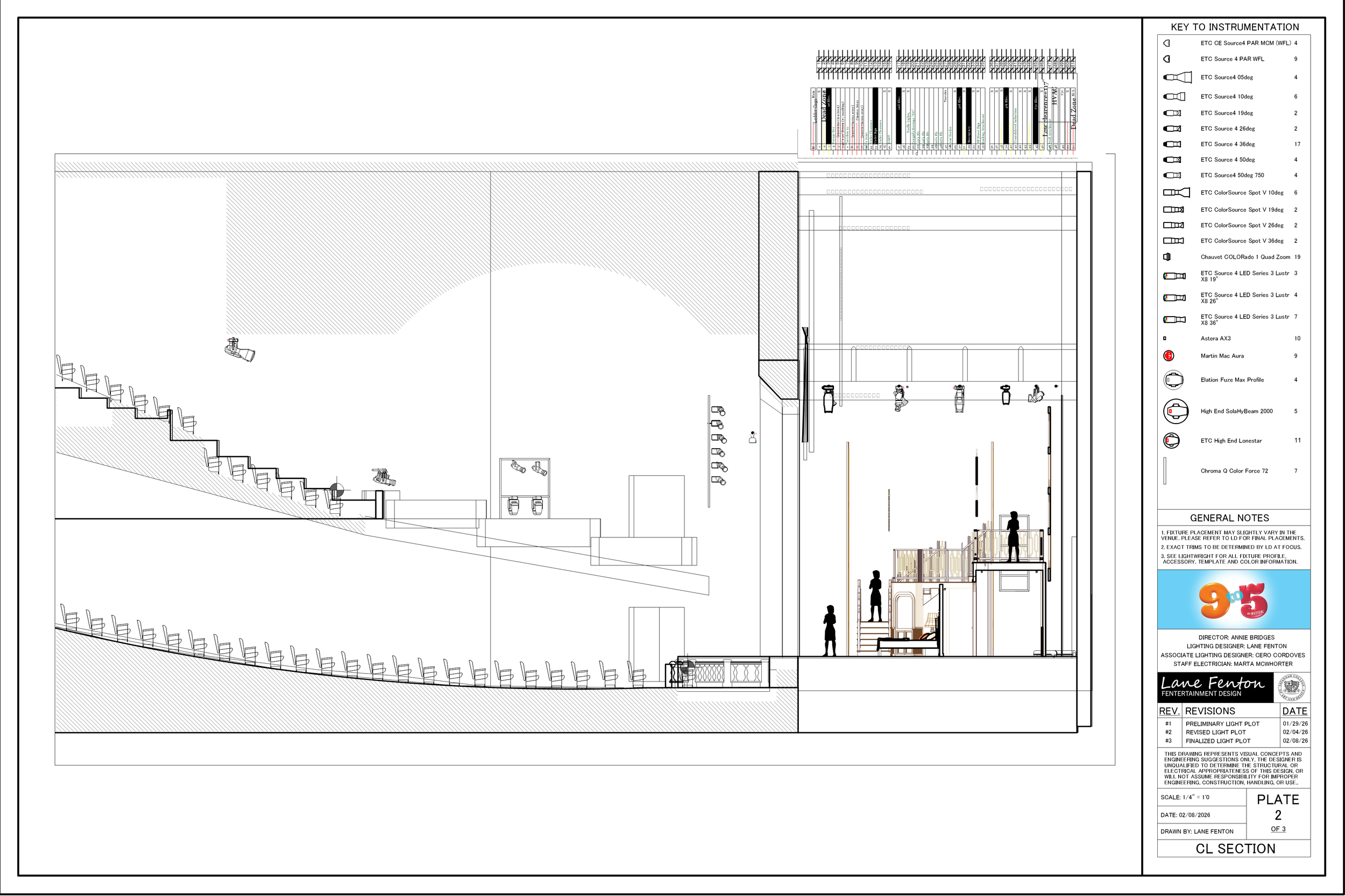 Lighting Plot for the SCAD mainstage production of '9 to 5: The Musical'. Drafted in Vectorworks by Lane Fenton and Cero Cordoves.