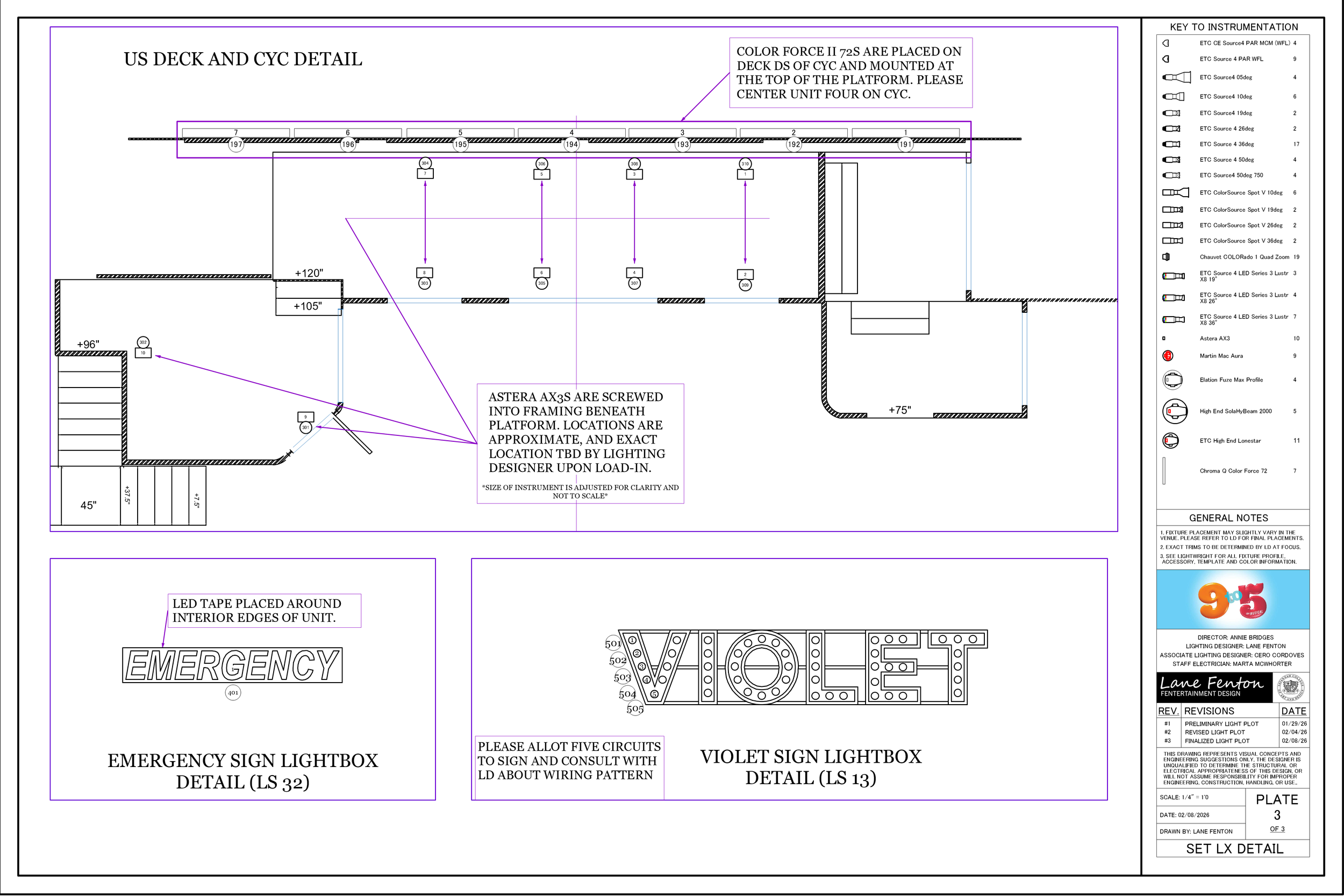 Lighting Plot for the SCAD mainstage production of '9 to 5: The Musical'. Drafted in Vectorworks by Lane Fenton and Cero Cordoves.