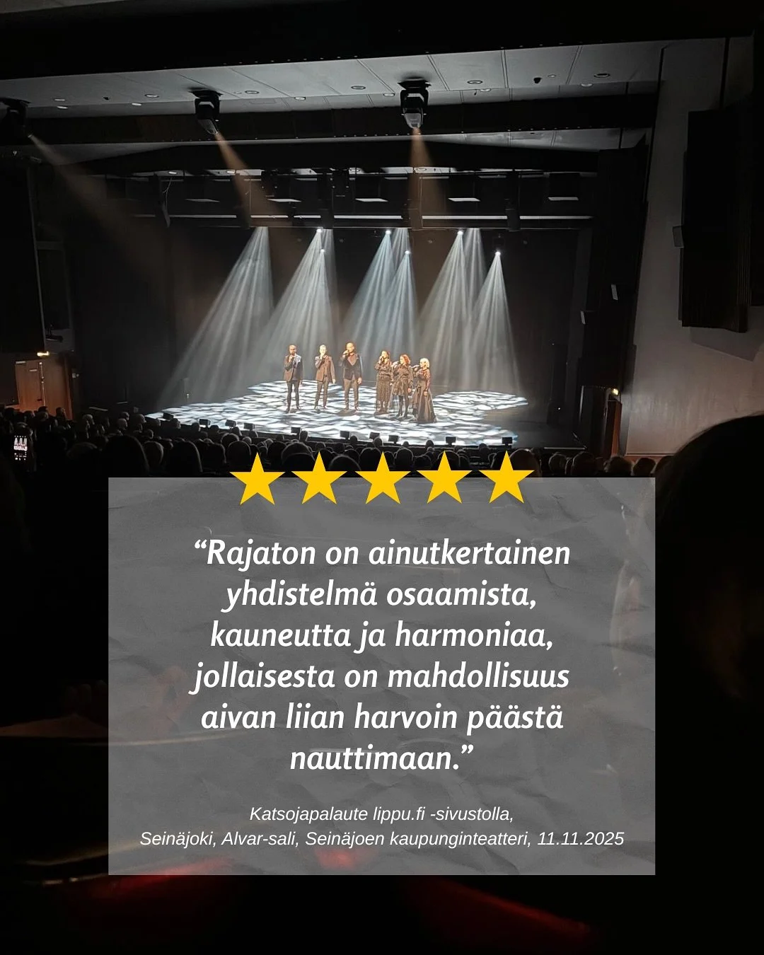 Katsojapalaute taannoisesta a cappella -konsertistamme Sein&auml;joella 11.11.2025. Kiitos! ❤️ Musiikistamme p&auml;&auml;see nauttimaan Rajaton joulu 2025 -kiertueemme my&ouml;t&auml;. Liput myy lippu.fi . Tervetuloa! ✨🎄

Audience feedback from our