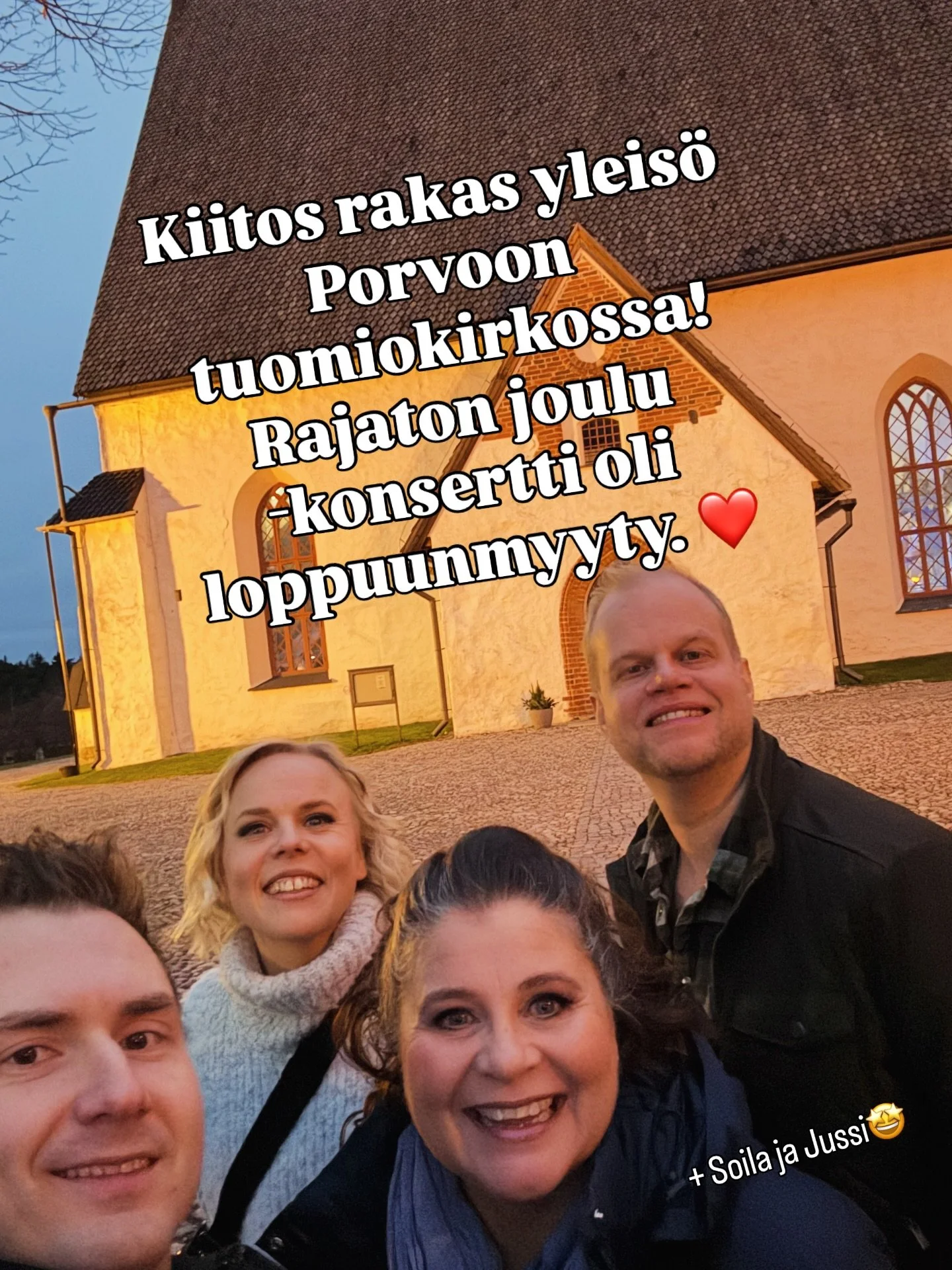 Kiitos Porvoon tuomiokirkon yleis&ouml;! ❤️ Konsertti oli LOPPUUNMYYTY. Seuraavaksi jatketaan Lappeenrantaan!

Psst! Lauantaina eli itsen&auml;isyysp&auml;iv&auml;n&auml; Rajaton vierailee @mtvhuomentasuomi ⭐️

Ja pssssst! Finlandia-talon 20.12.2025 