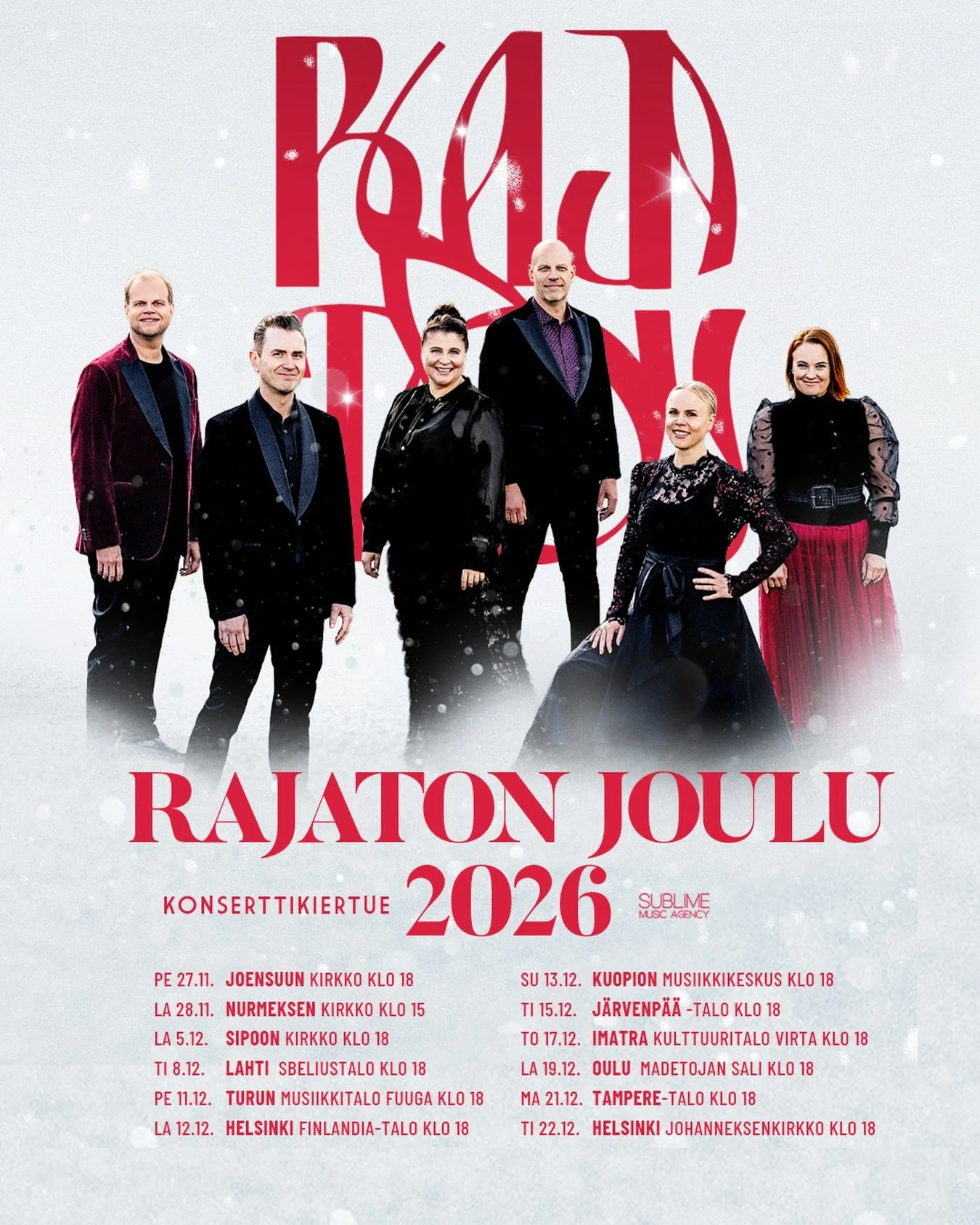 RAJATON JOULU 2026 LIPUT OVAT NYT MYYNNISS&Auml; ❤️

Linkit lipunmyyntiin l&ouml;yd&auml;t Rajattoman nettisivulta: rajaton.net/rajaton#gigs (linkki biossa)

MIHIN KONSERTTIIN SIN&Auml; HALUAT TULLA? 😍

😊 Hox! Jos oma paikkakuntasi ei viel&auml; ol