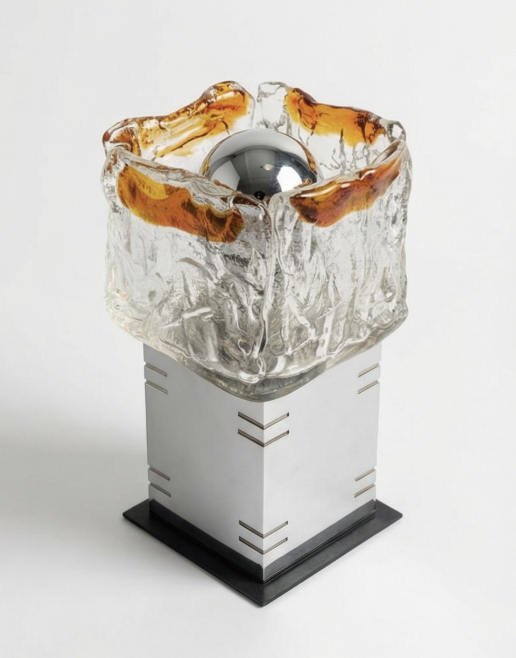 Coppia di lampade da tavolo in vetro di Murano e metallo cromato – anni ’70