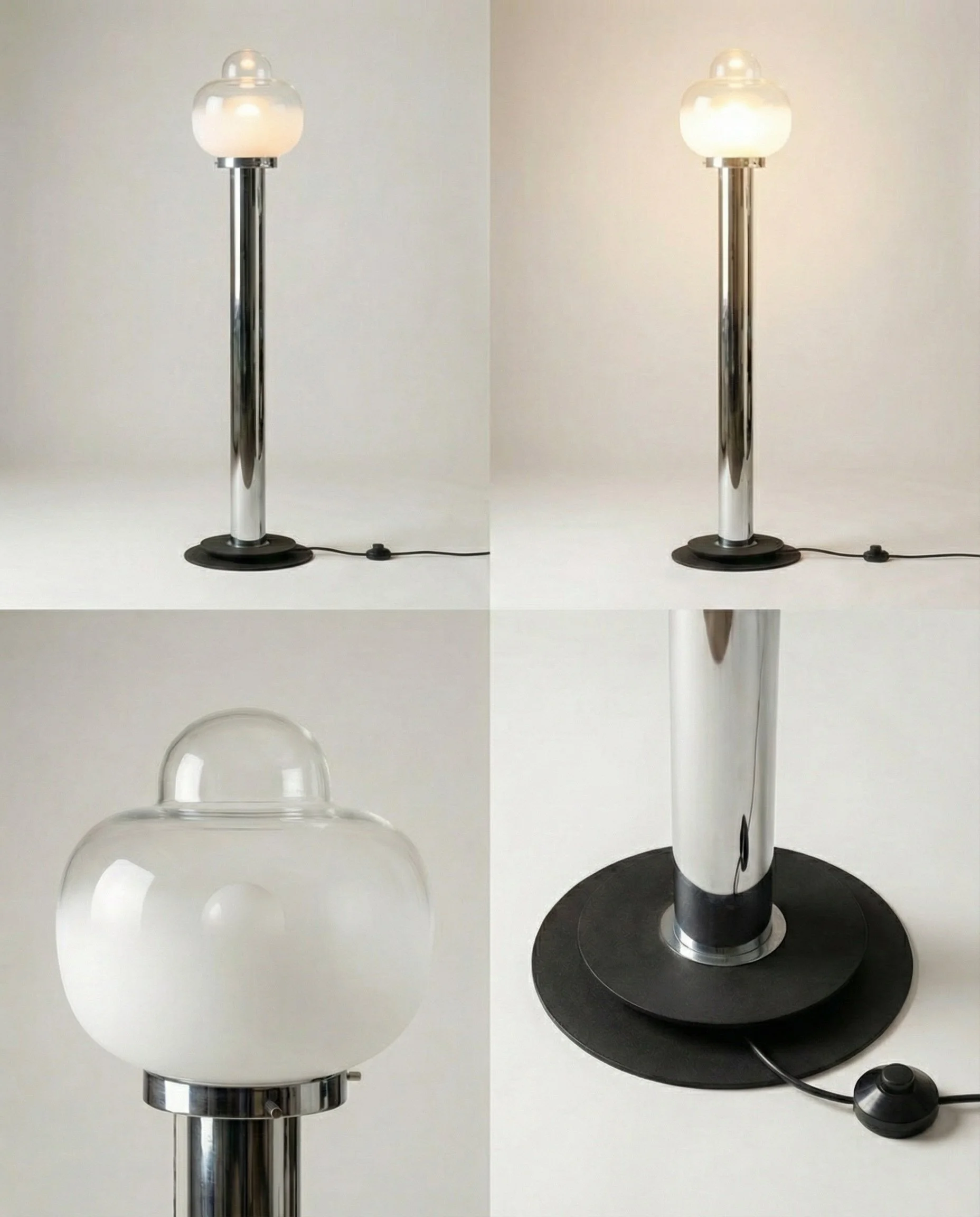 Lampada da Terra "Lanterna" – Acciaio Cromato e Vetro Opalino