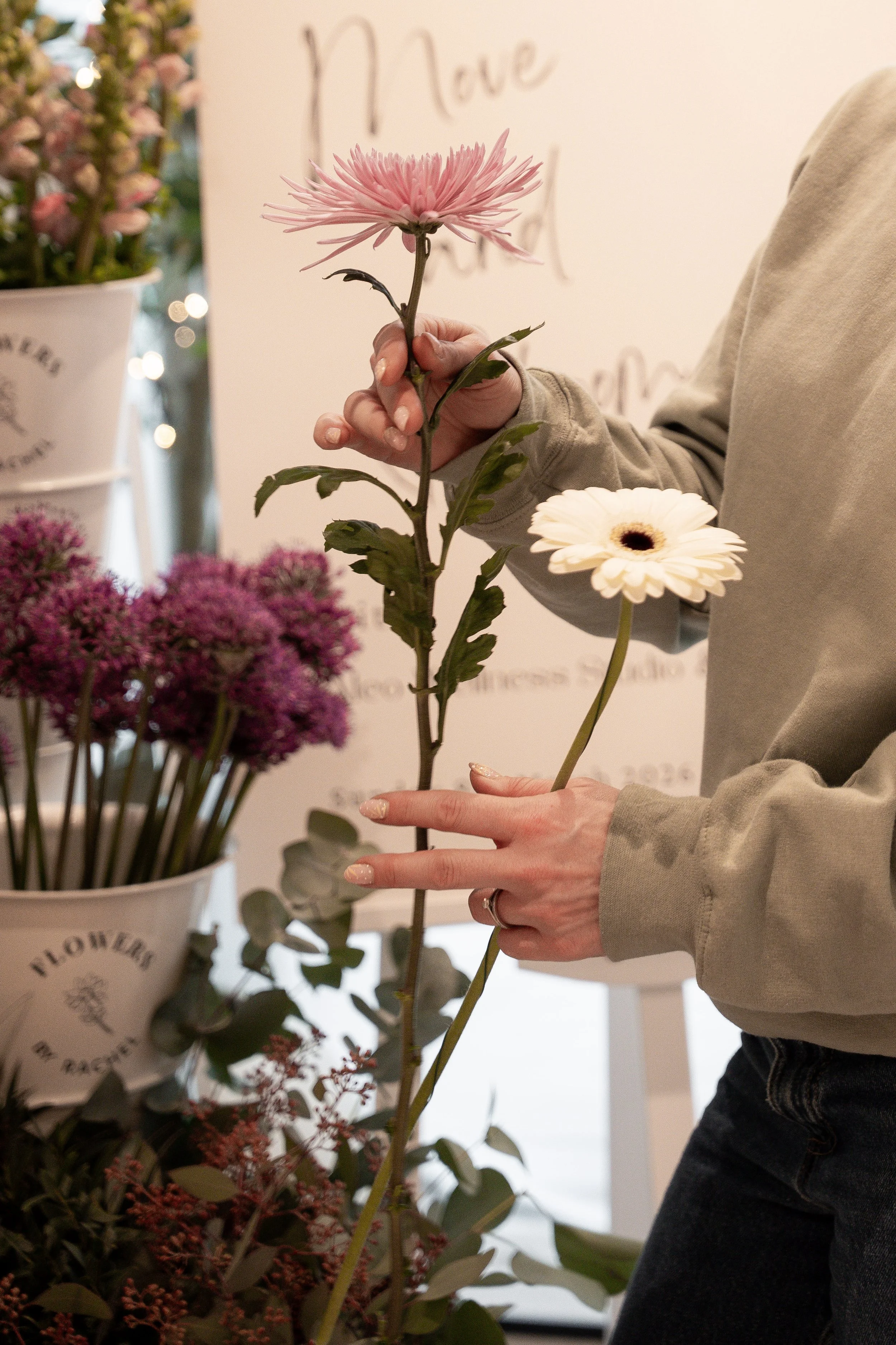 Brand photography for Flowers by Rachel capturing floral arrangement details at a bloom bar event.