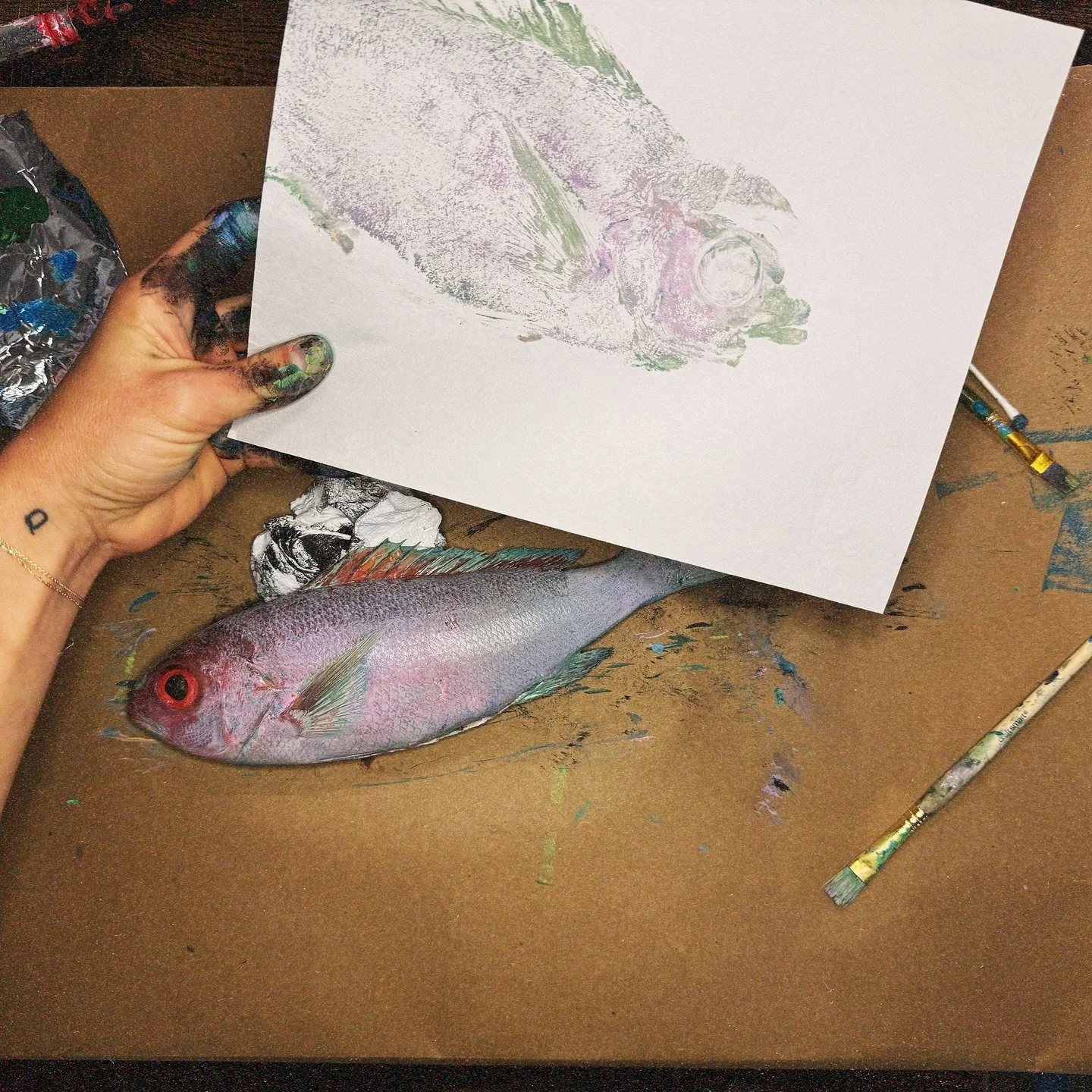 bts in the studio ~ / P R O C E S S / * / 🔮 🦄 ^feat. vermillion snapper local caught by my friend here in Charleston ^ each original artwork touches the scales of an actual fish. I paint the fish entirely new each and every time. no print is ever t