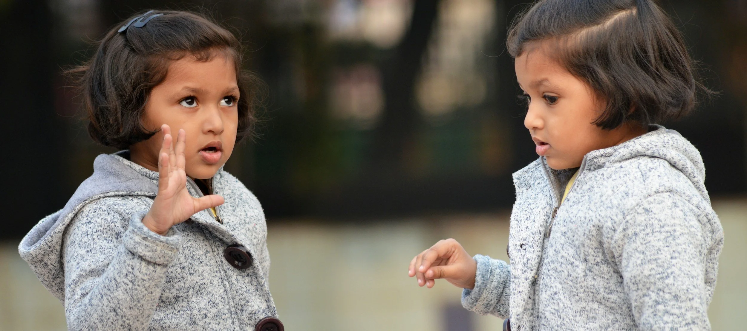 Two young girls with dark brown hair and in gray sweaters are outdoors, having an animated conversation, with one girl raising her hand and the other looking at her.