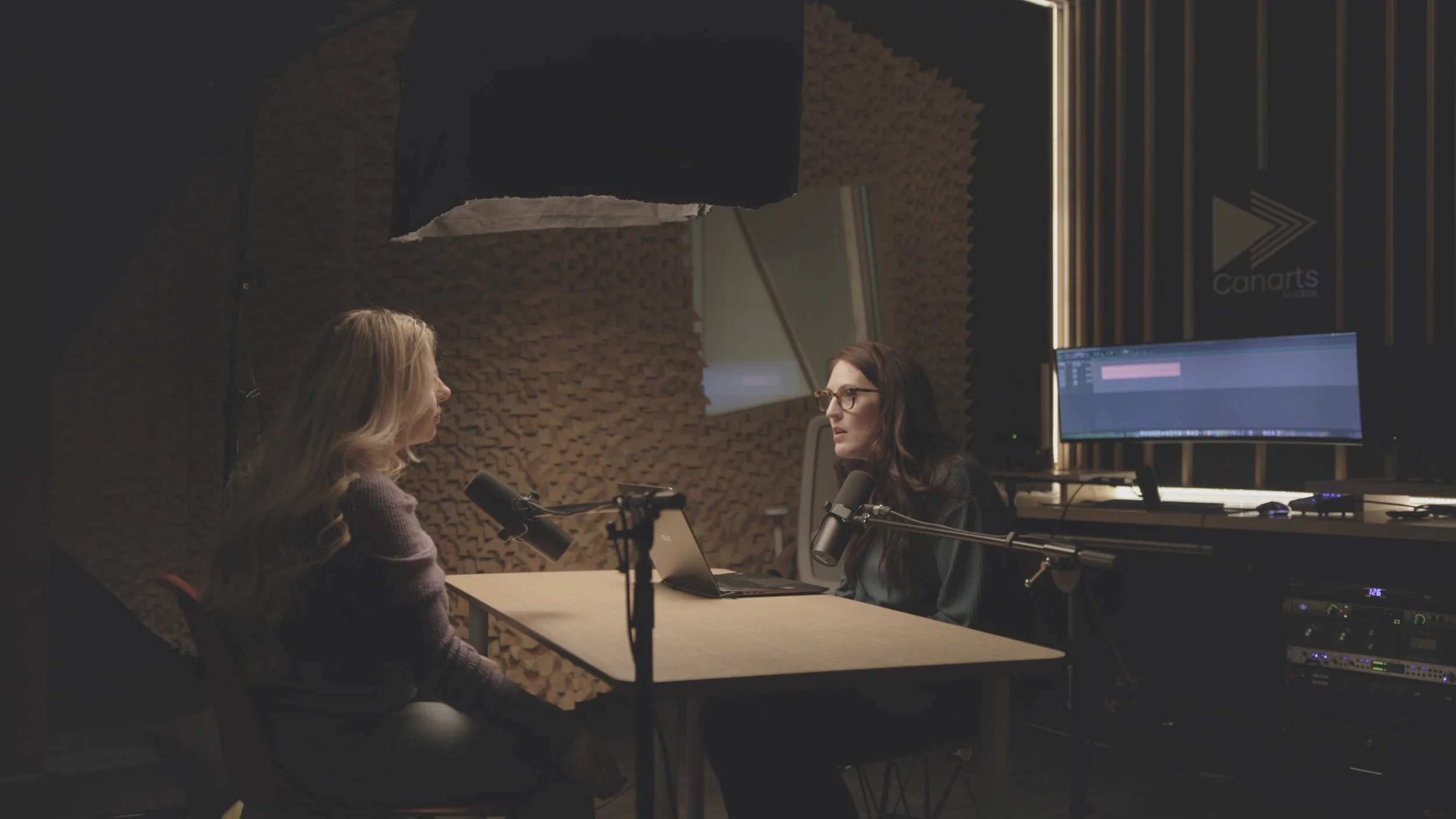 Jessica Baker recording with Kristi Lee, host of Canadian True Crime