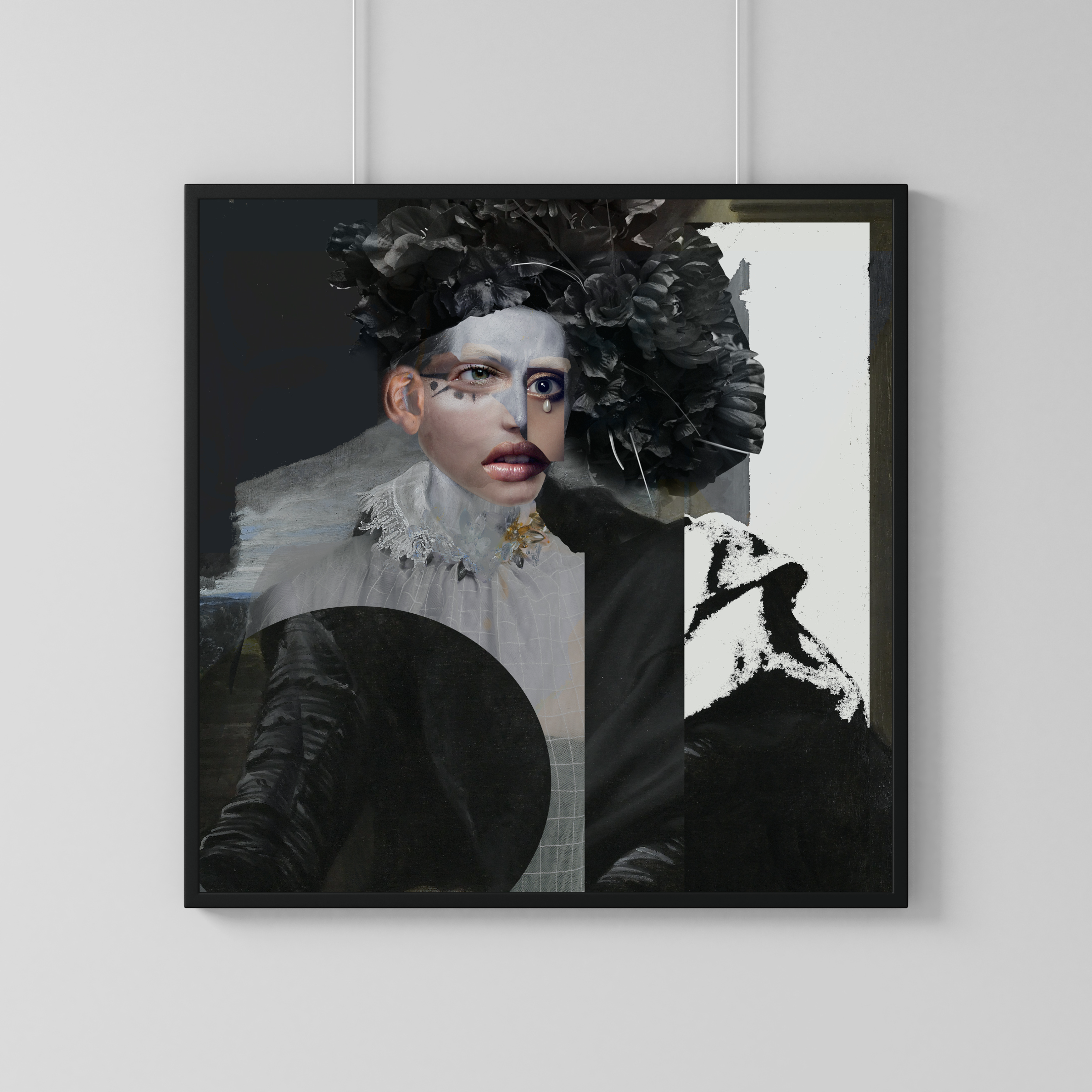 Mixed media portrait of a woman with elaborate black floral headpiece, wearing vintage clothing, with surreal artistic elements blending realism and abstraction.